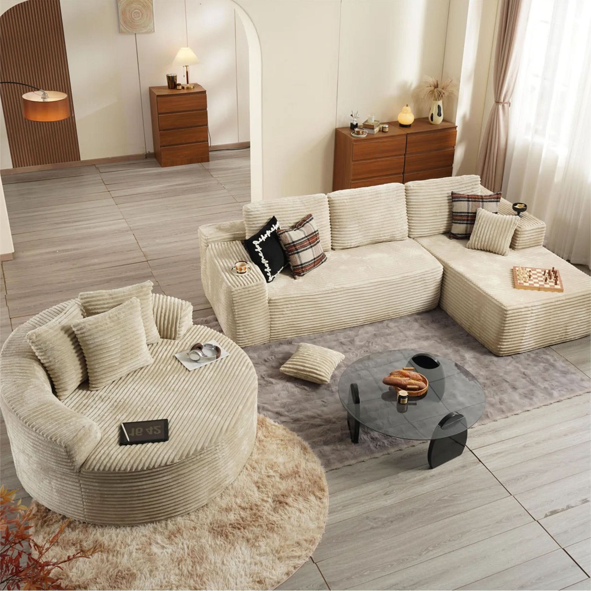 OVIOS Modern 3-Piece Sectional Sofa Set With Loveseat & Chaise Lounge, No-Assembly Design