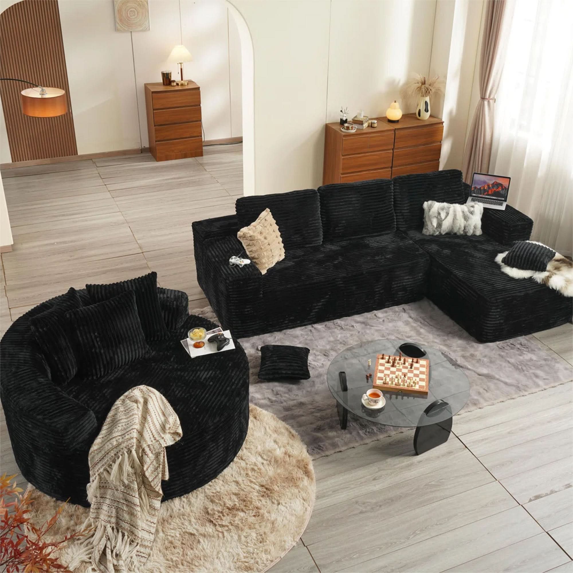 OVIOS Modern 3-Piece Sectional Sofa Set With Loveseat & Chaise Lounge, No-Assembly Design