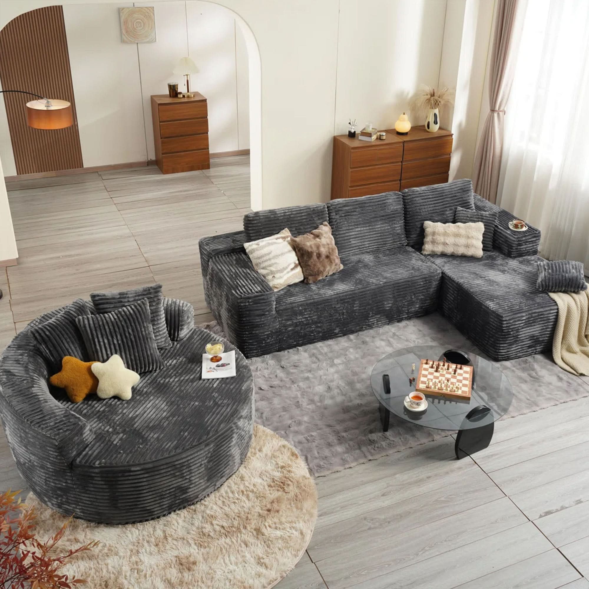 OVIOS Modern 3-Piece Sectional Sofa Set With Loveseat & Chaise Lounge, No-Assembly Design