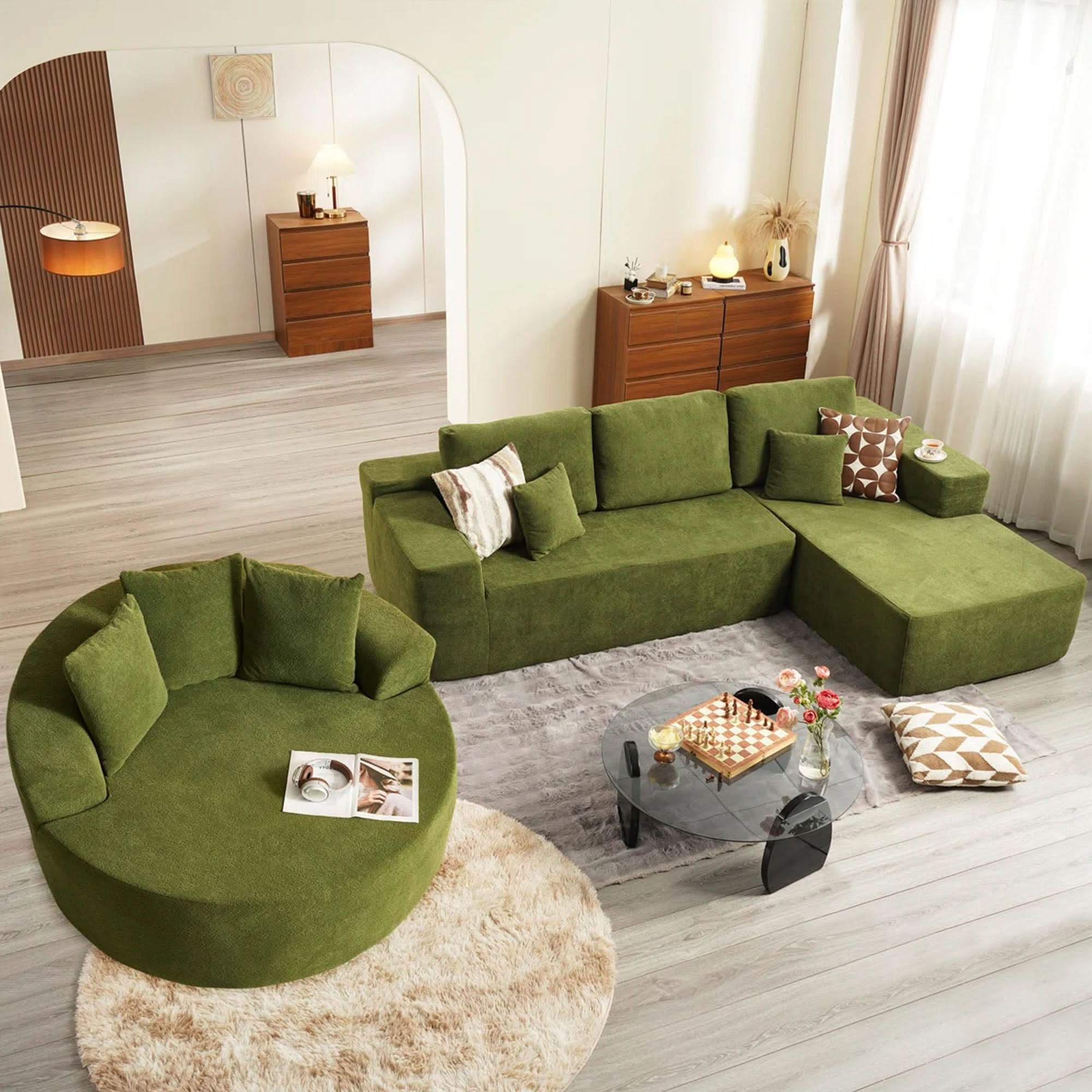 OVIOS Modern 3-Piece Sectional Sofa Set With Loveseat & Chaise Lounge, No-Assembly Design
