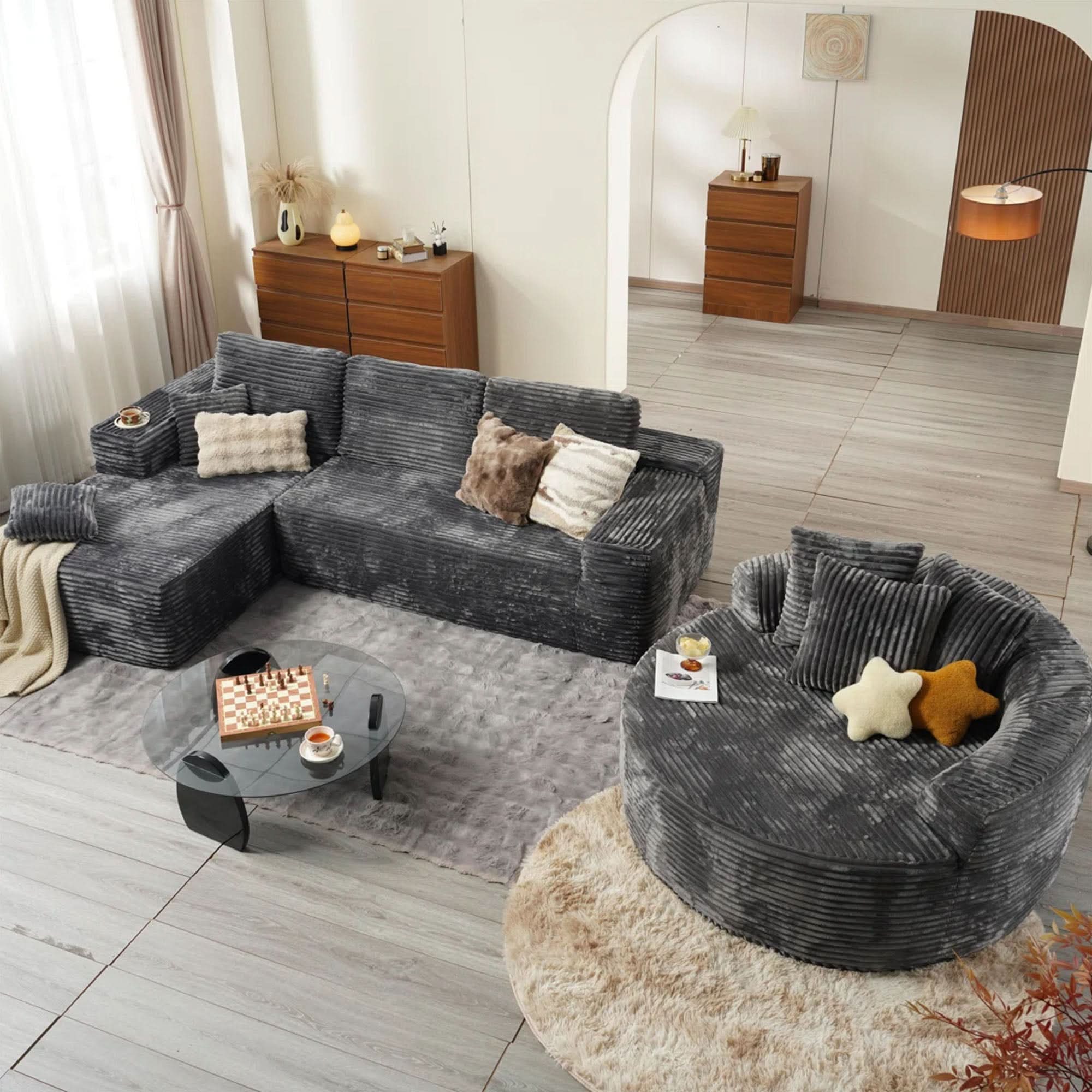 OVIOS Modern 3-Piece Sectional Sofa Set With Loveseat & Chaise Lounge, No-Assembly Design
