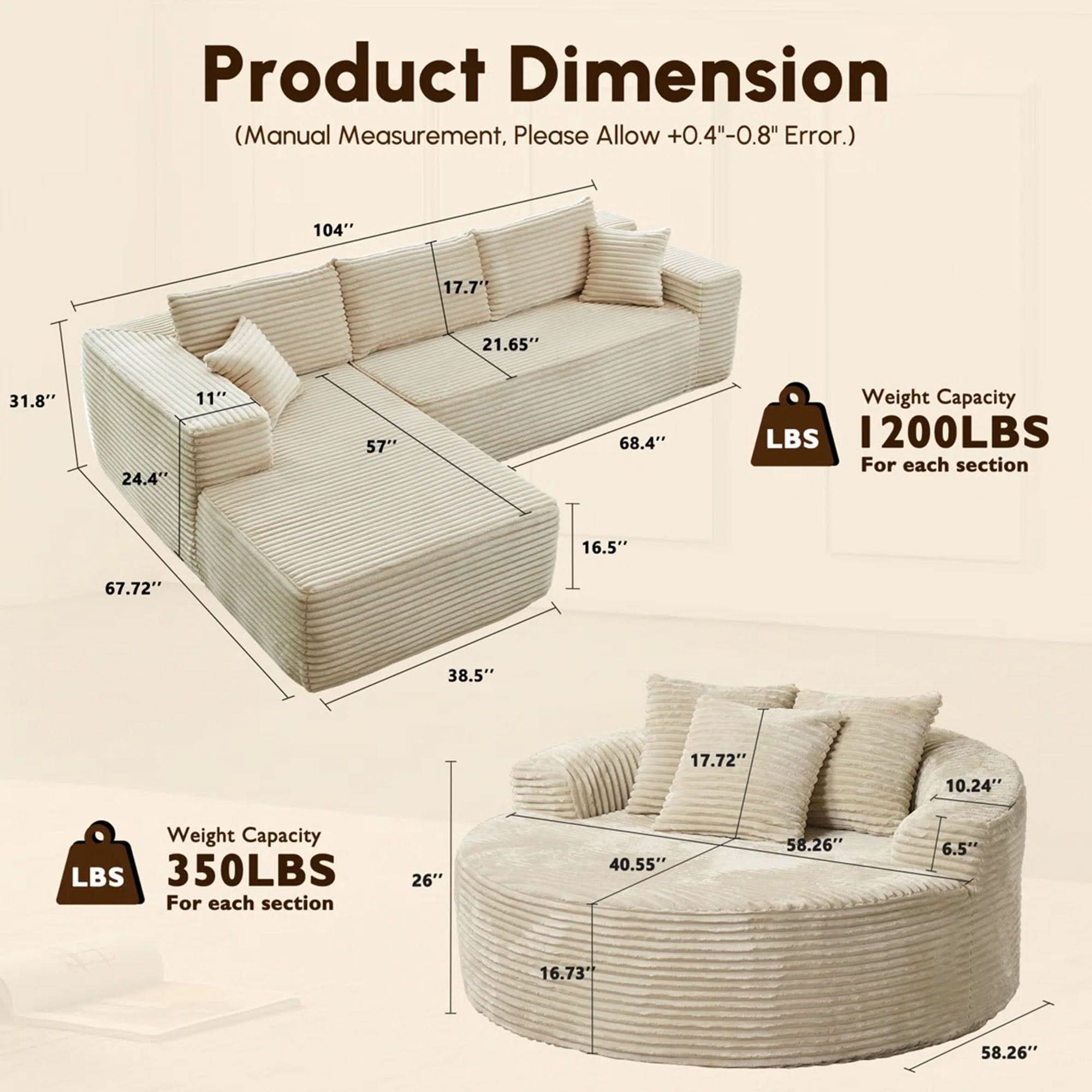 OVIOS Modern 3-Piece Sectional Sofa Set With Loveseat & Chaise Lounge, No-Assembly Design