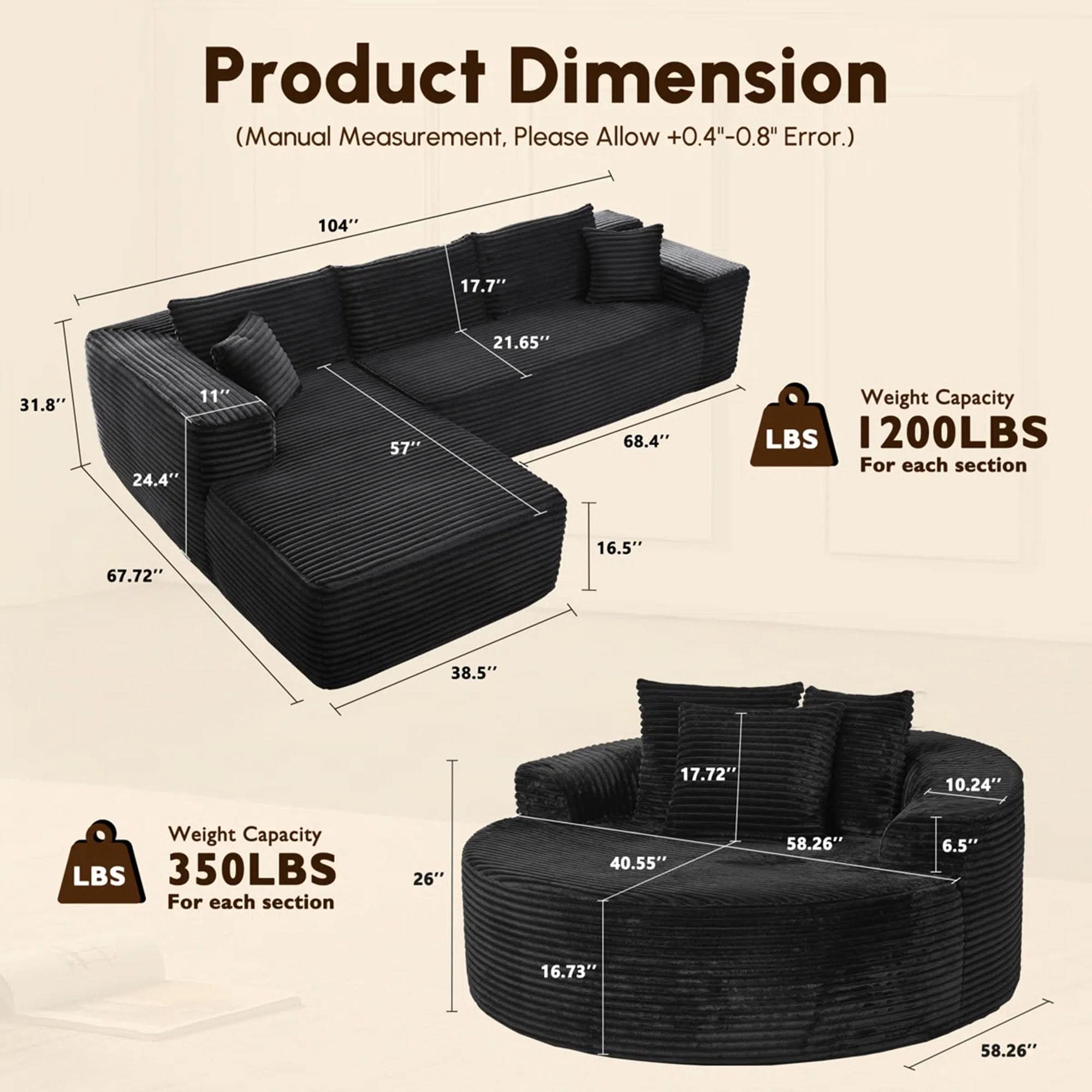 OVIOS Modern 3-Piece Sectional Sofa Set With Loveseat & Chaise Lounge, No-Assembly Design