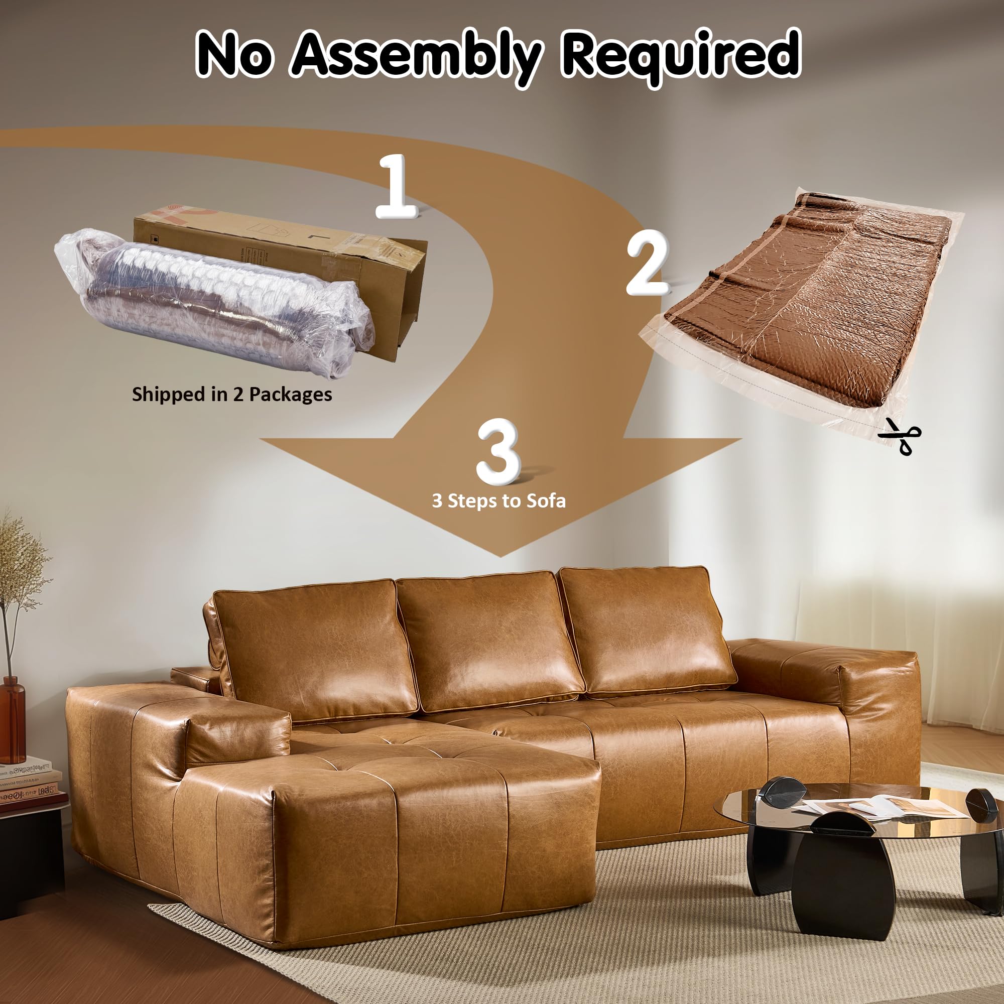 OVIOS 114" Cloud Sectional Sofa - L-Shaped Faux Leather Modular Couch with Deep Seat Chaise