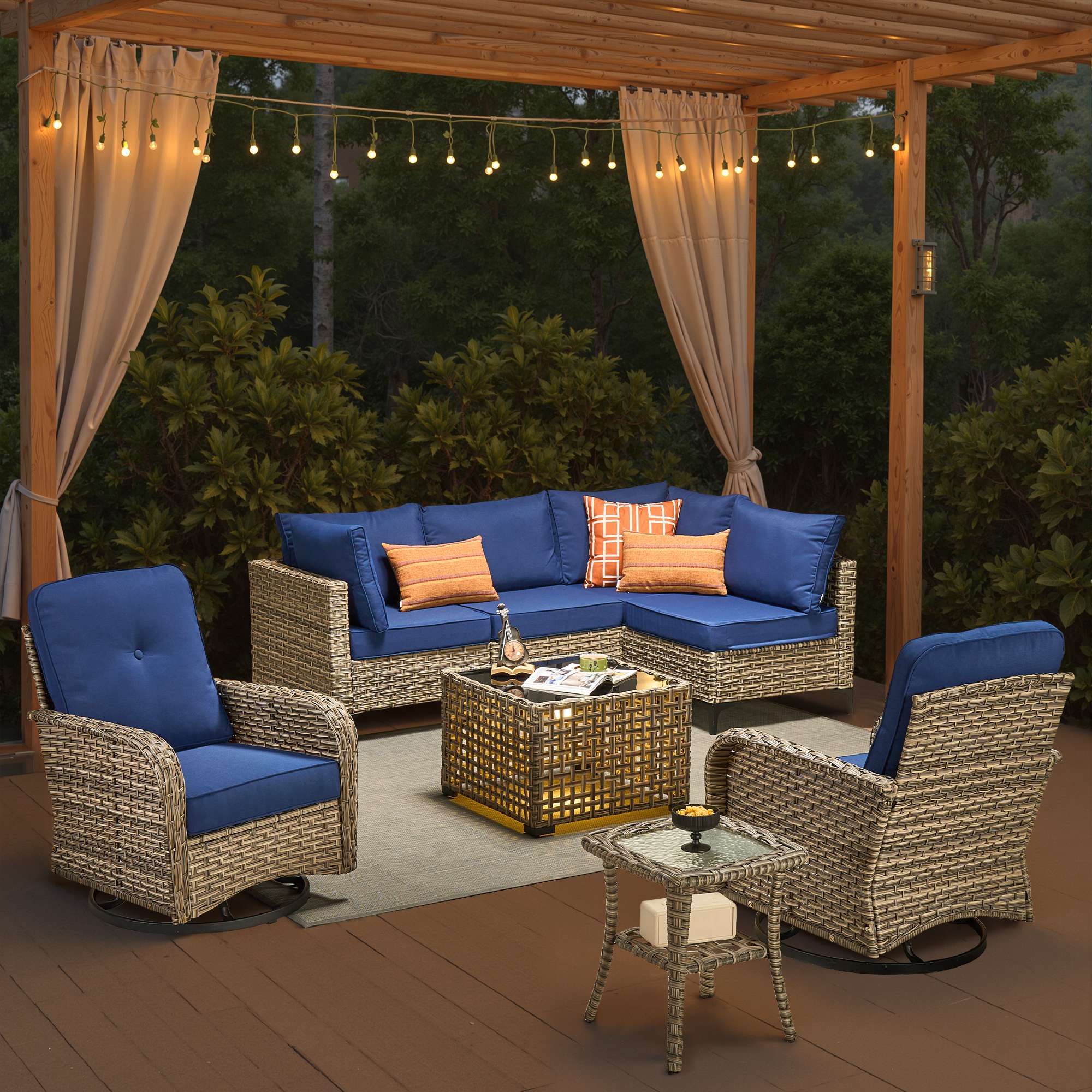 OVIOS Outdoor Wicker Patio Conversation Set with Swivel Rocking Chairs for Backyard
