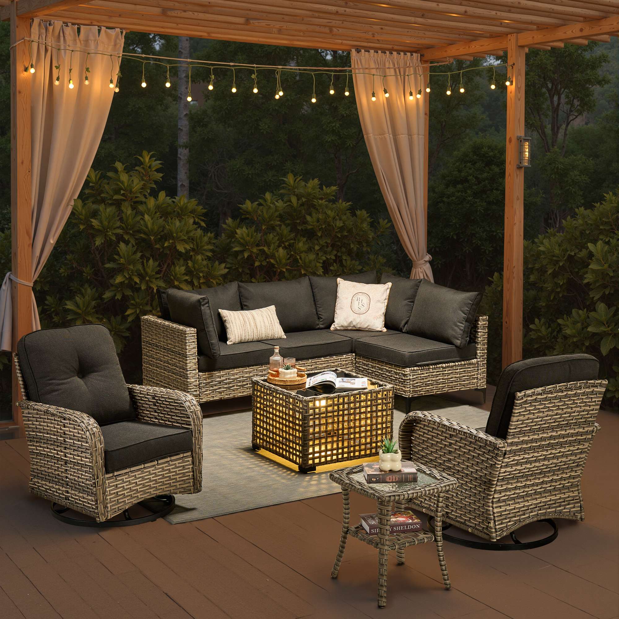 OVIOS Outdoor Wicker Patio Conversation Set with Swivel Rocking Chairs for Backyard