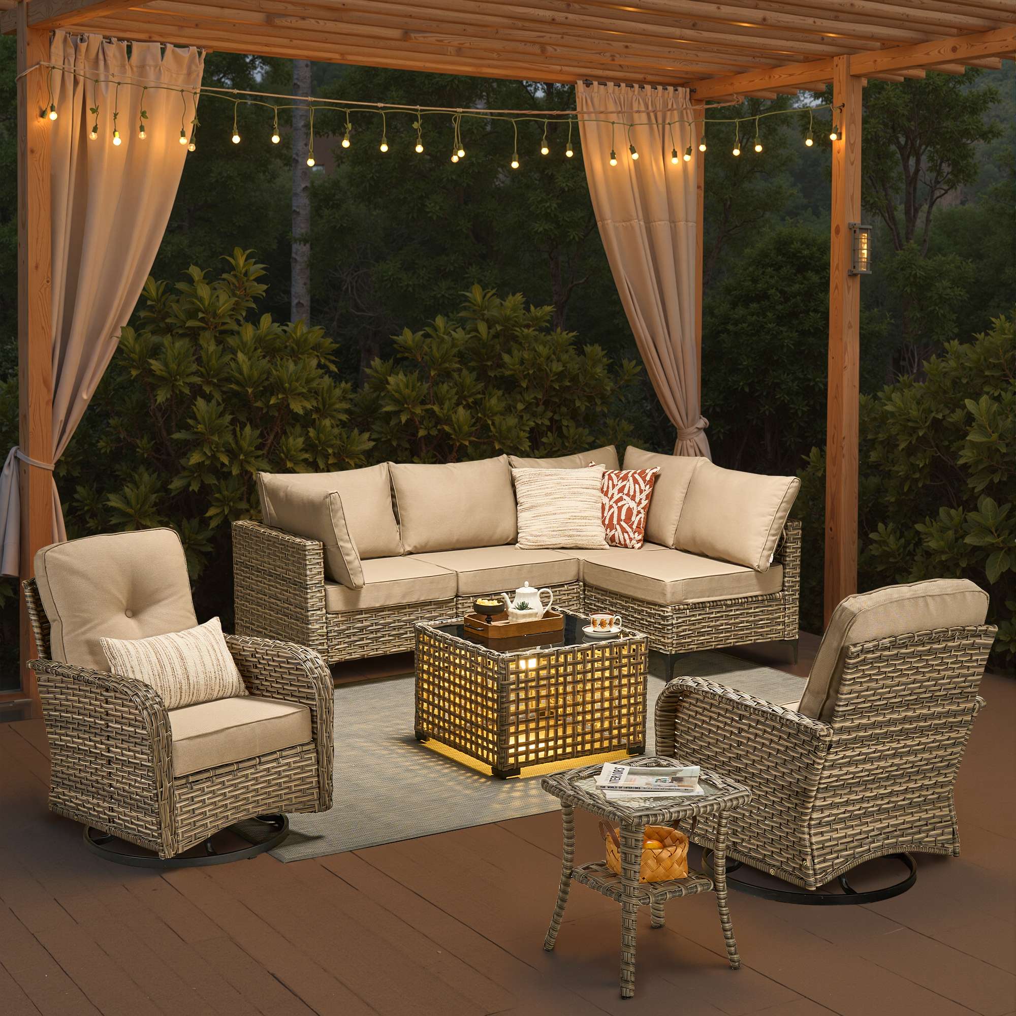 OVIOS Outdoor Wicker Patio Conversation Set with Swivel Rocking Chairs for Backyard