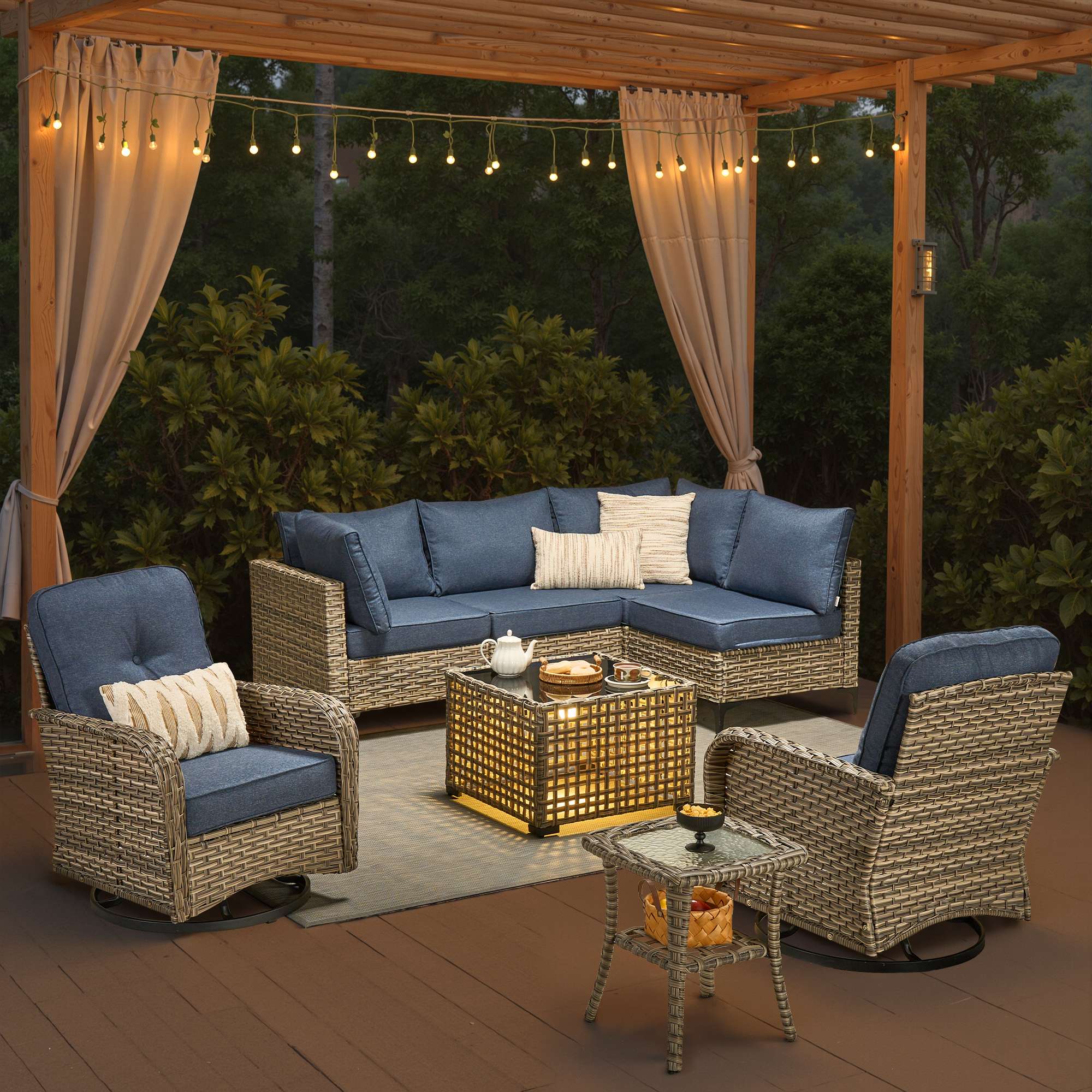 OVIOS Outdoor Wicker Patio Conversation Set with Swivel Rocking Chairs for Backyard