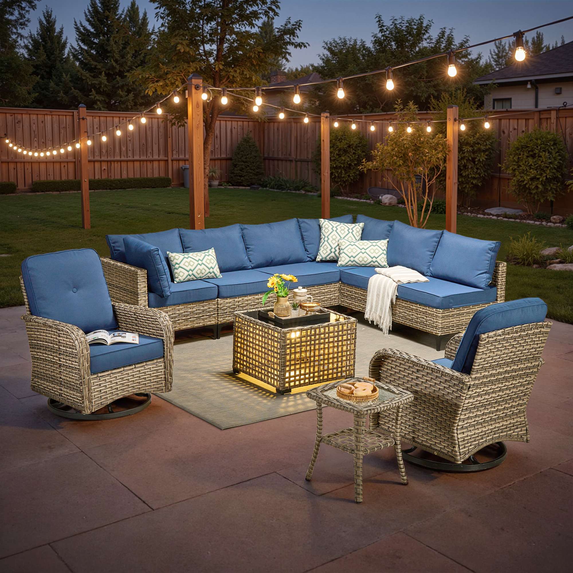 OVIOS Outdoor Wicker Patio Conversation Set with Swivel Rocking Chairs for Backyard