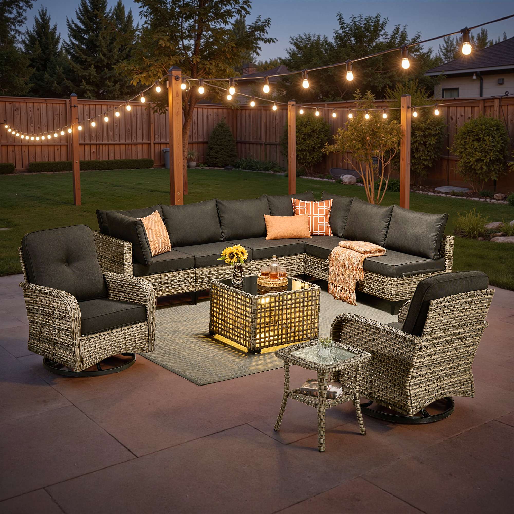 OVIOS Outdoor Wicker Patio Conversation Set with Swivel Rocking Chairs for Backyard