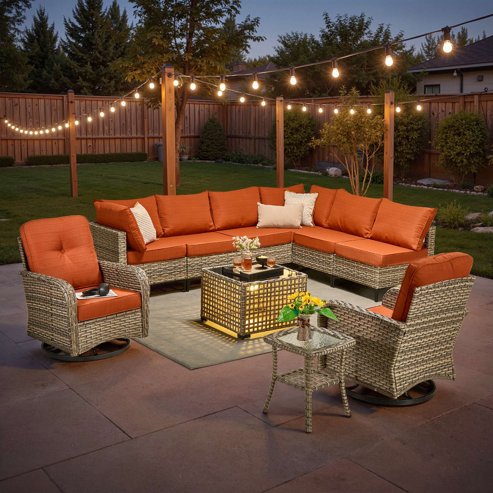 OVIOS Outdoor Wicker Patio Conversation Set with Swivel Rocking Chairs for Backyard