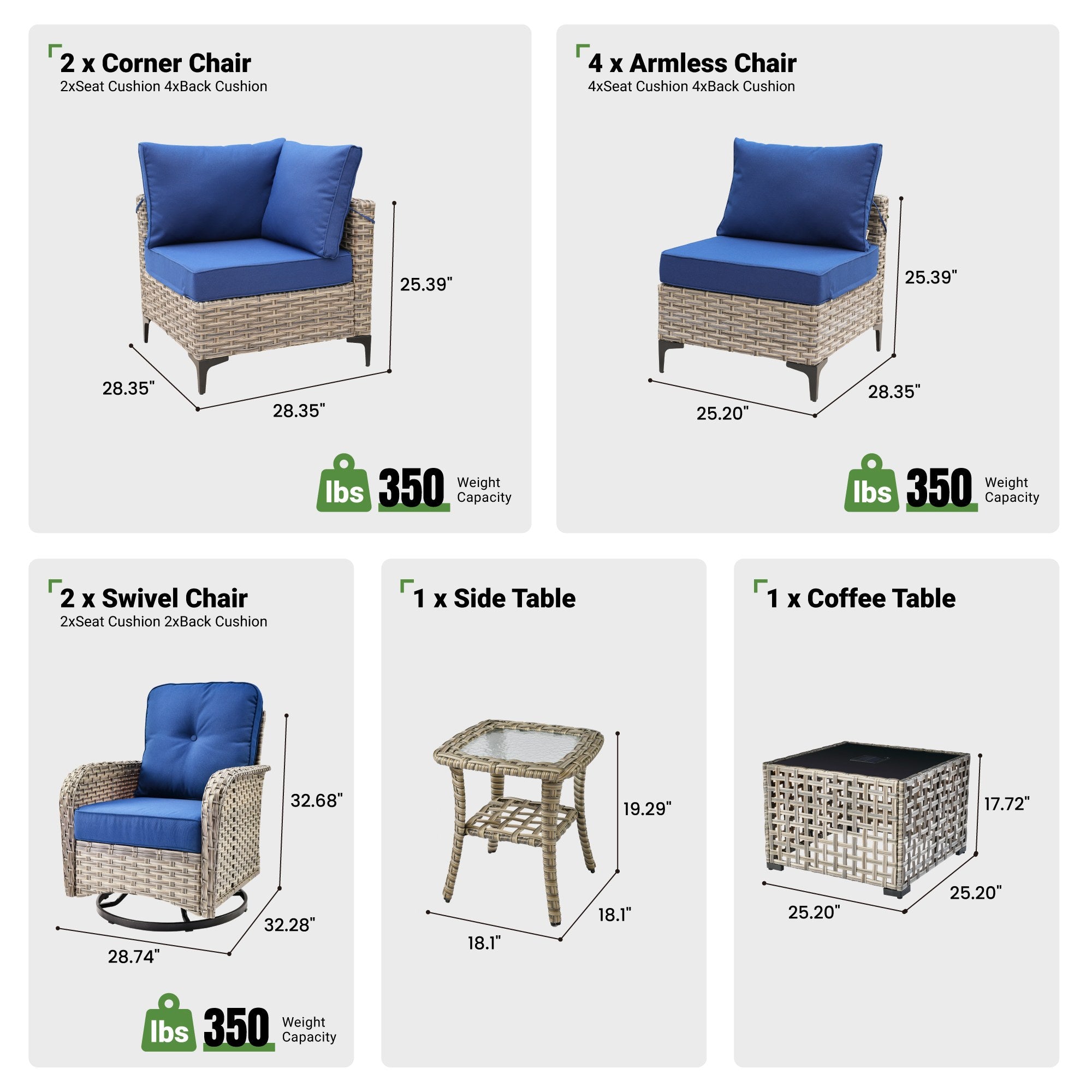 OVIOS outdoor wicker patio set components: swivel chairs, corner chairs, tables, and dimensions.