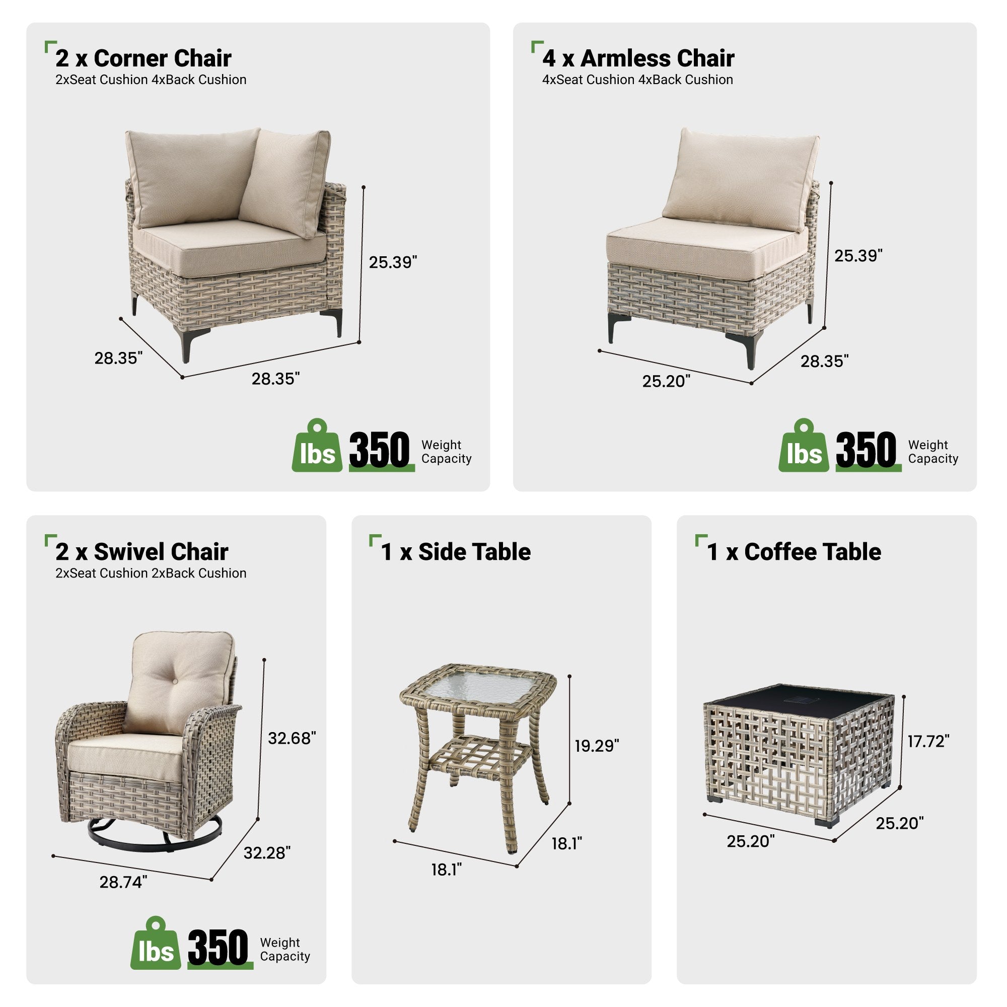 OVIOS outdoor wicker conversation set: swivel chairs, tables, dimensions shown.