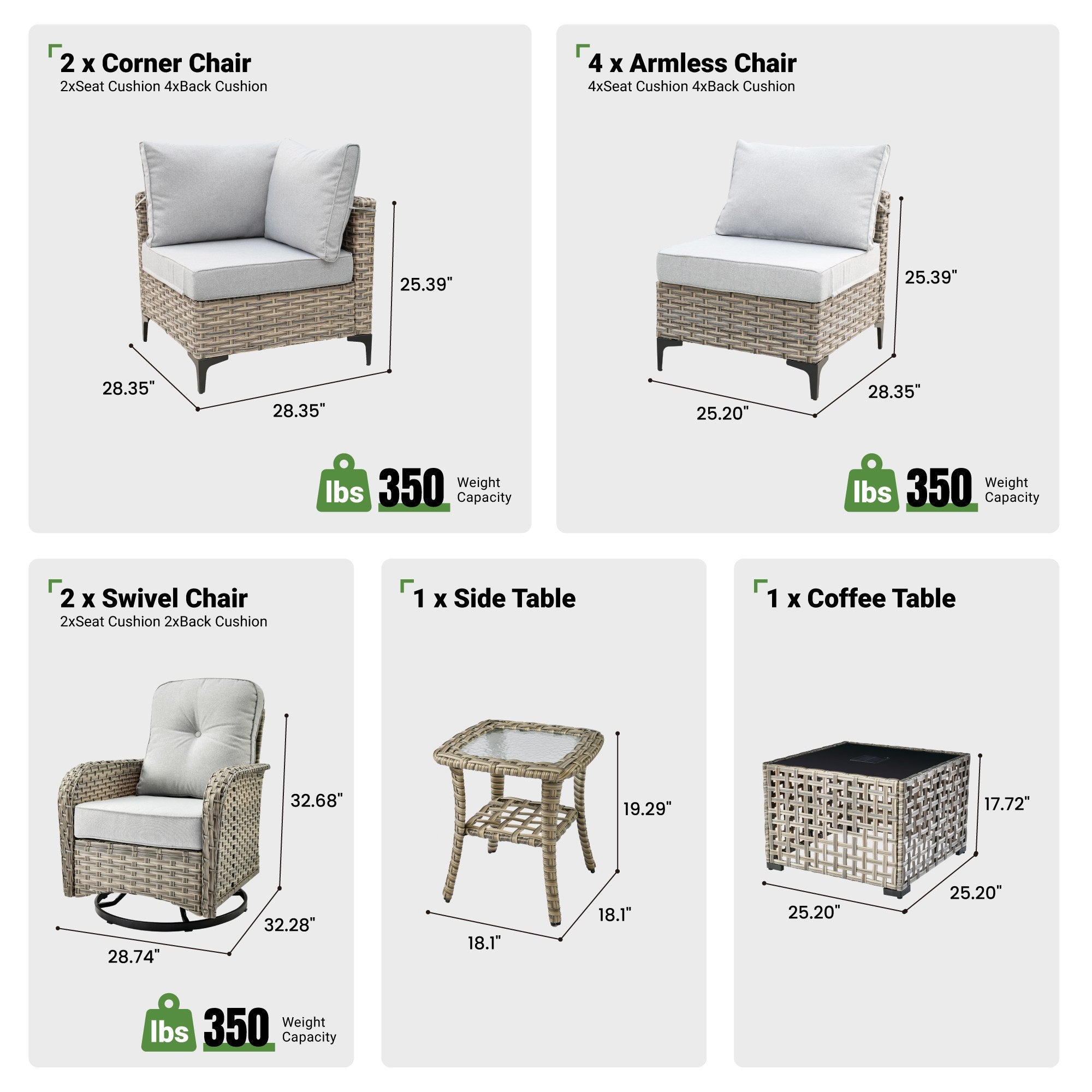 OVIOS outdoor wicker patio set with swivel rocking chairs, armless chairs, and tables.