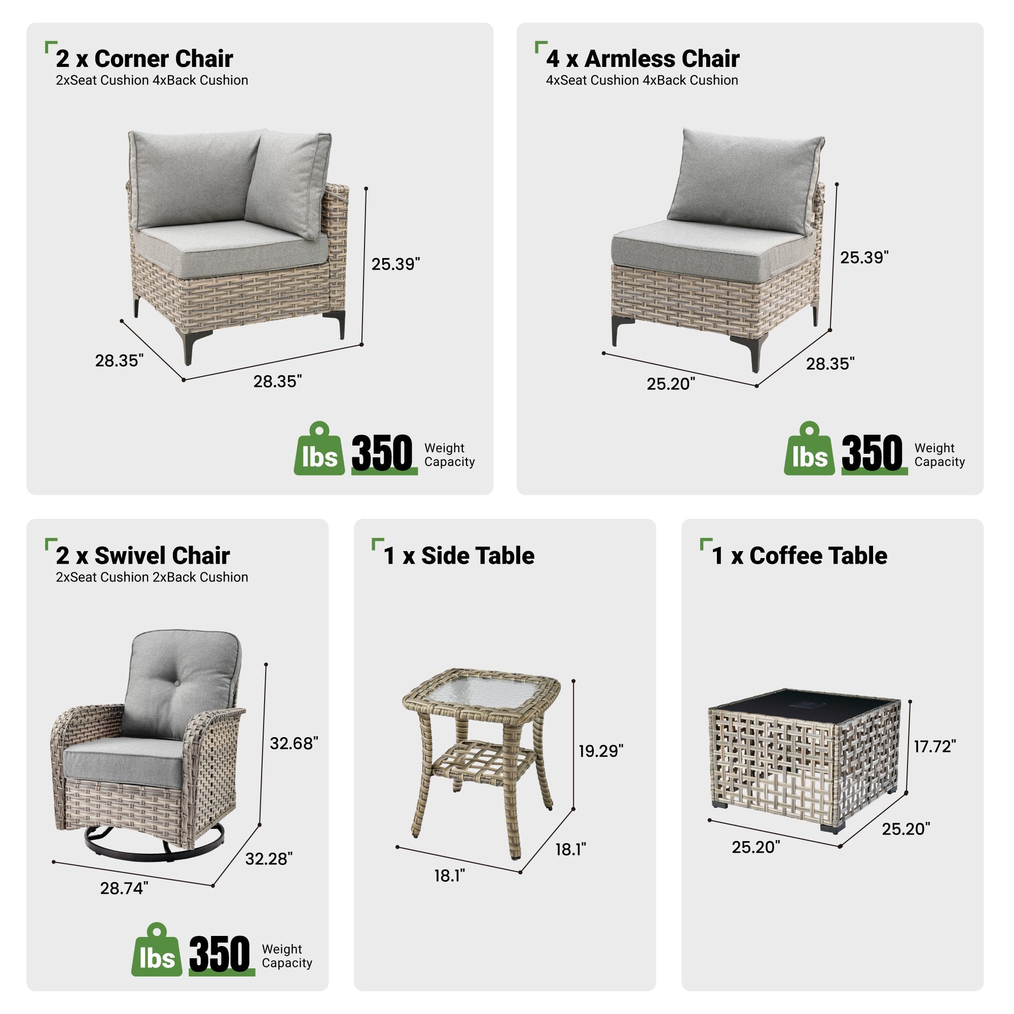 OVIOS modular outdoor wicker patio conversation set with swivel chairs and tables.
