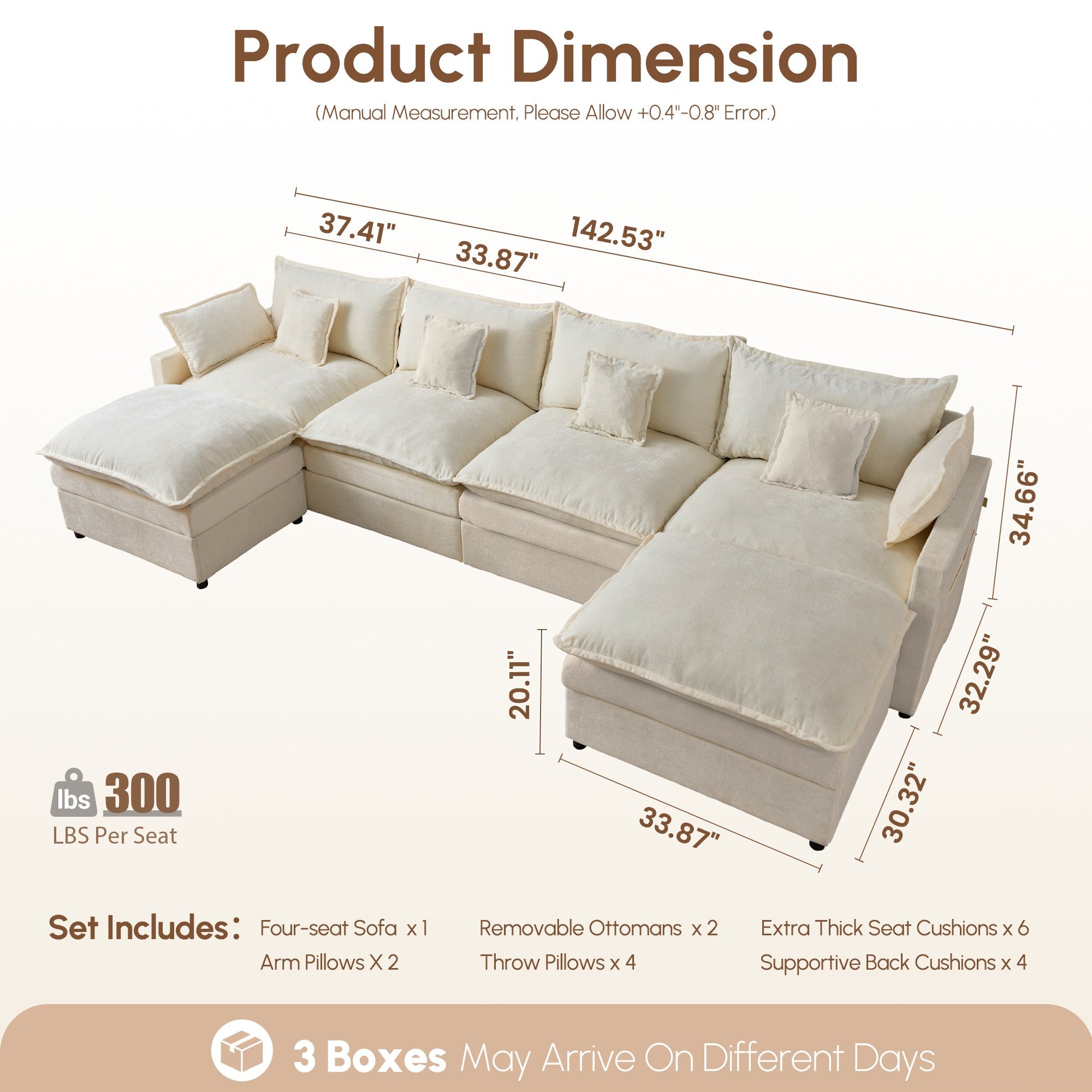 OVIOS U-Shaped Modular Sectional Sofa, Cloud Couch with 2 Ottomans, Deep Seat Chenille Sofa for Living Room and Apartment, Free Combination