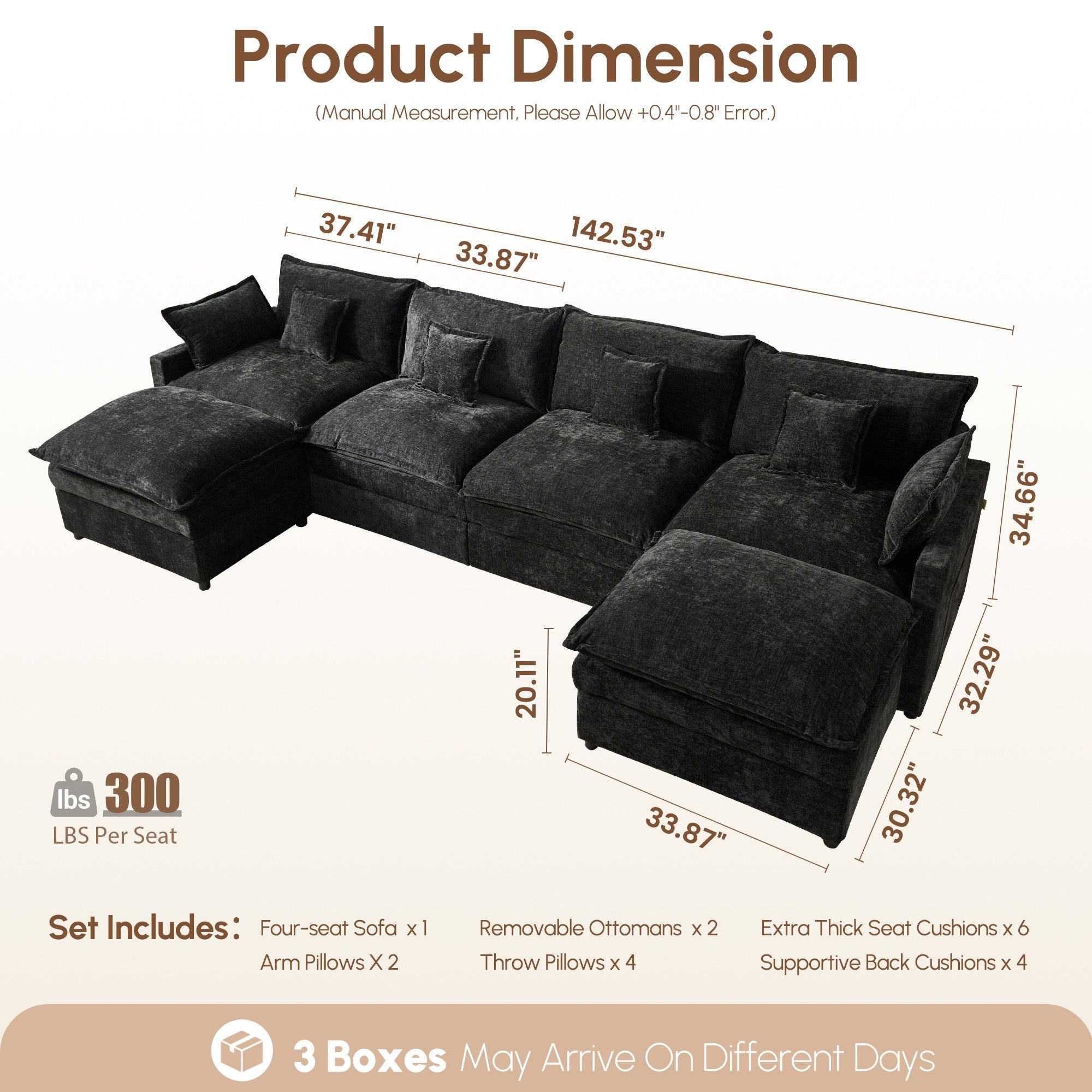 OVIOS U-Shaped Modular Sectional Sofa, Cloud Couch with 2 Ottomans, Deep Seat Chenille Sofa for Living Room and Apartment, Free Combination