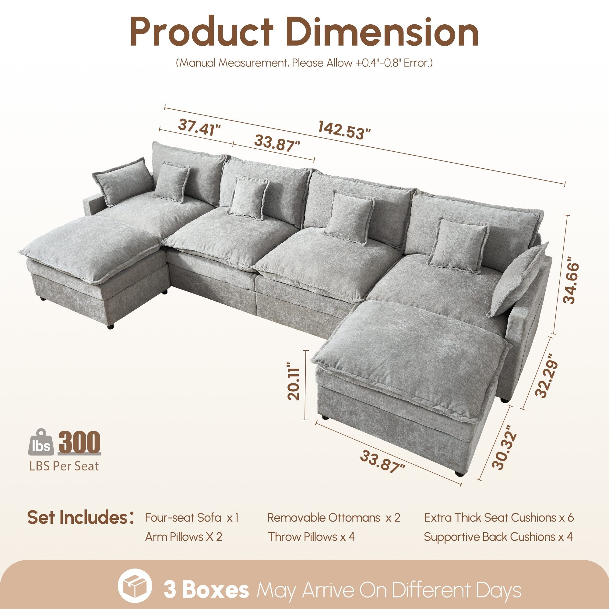 OVIOS U-Shaped Modular Sectional Sofa, Cloud Couch with 2 Ottomans, Deep Seat Chenille Sofa for Living Room and Apartment, Free Combination