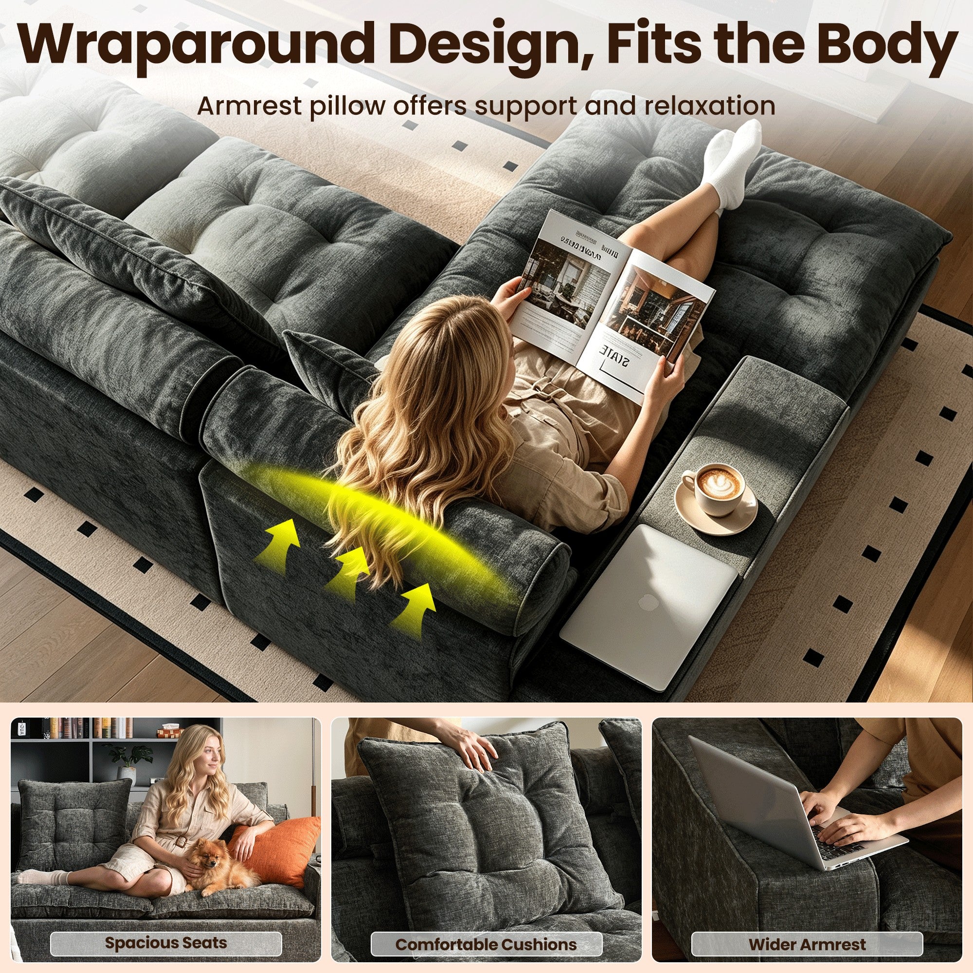 OVIOS Cloud Boneless Sectional Sofa with L Shaped Chaise Modular Chenille Couch for Living Room