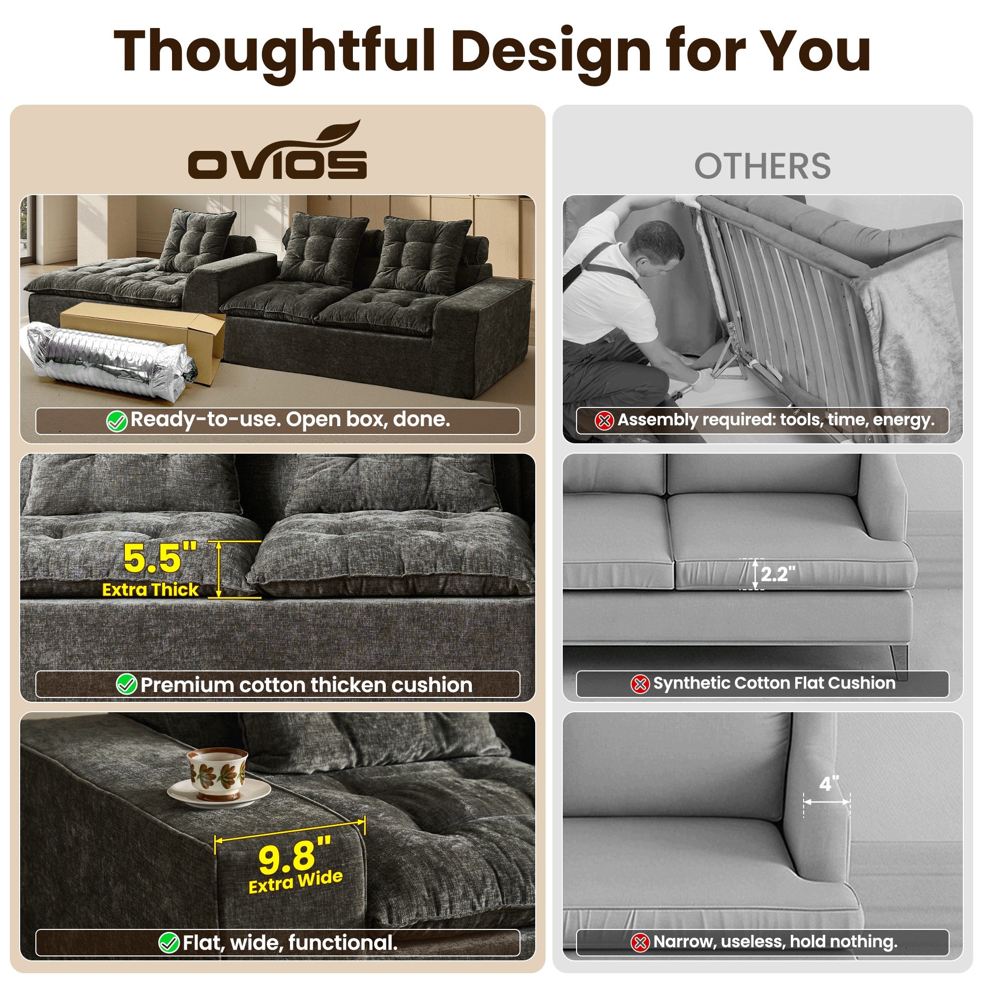 OVIOS Cloud Boneless Sectional Sofa with L Shaped Chaise Modular Chenille Couch for Living Room
