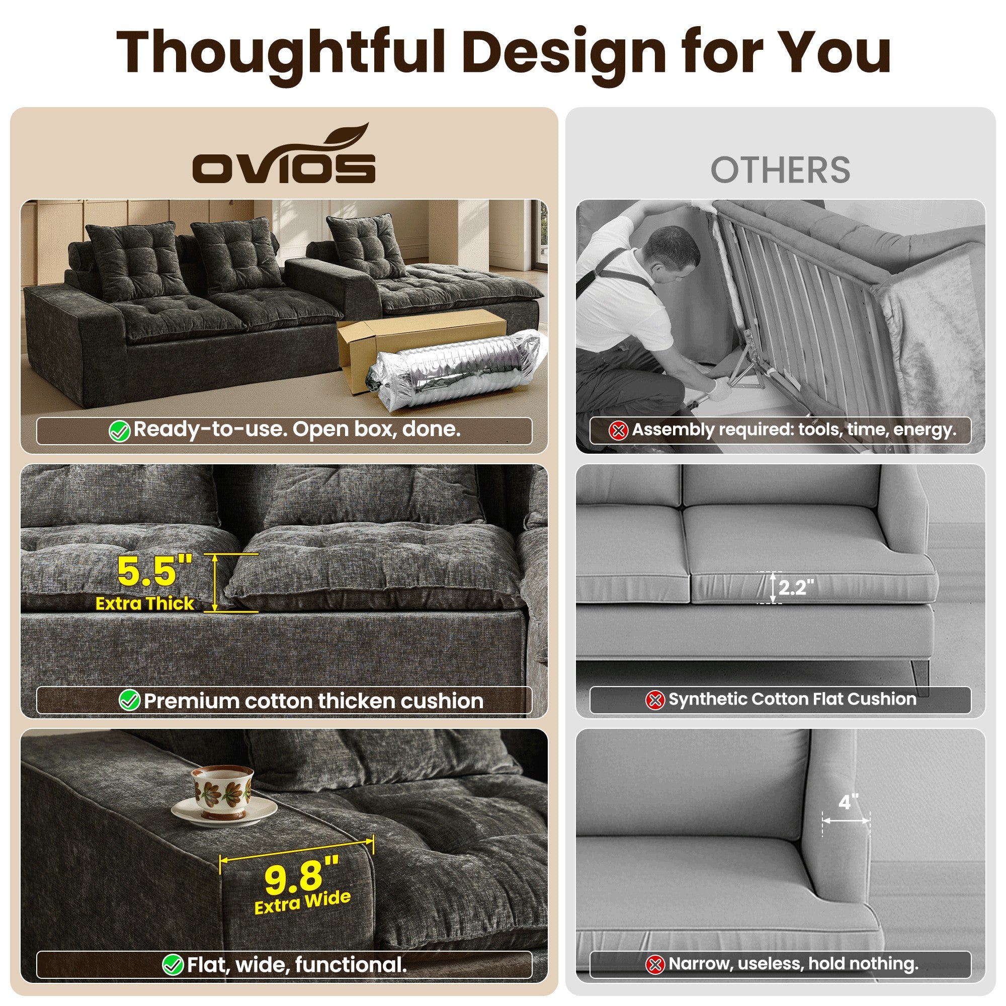 OVIOS Cloud Boneless Sectional Sofa with L Shaped Chaise Modular Chenille Couch for Living Room