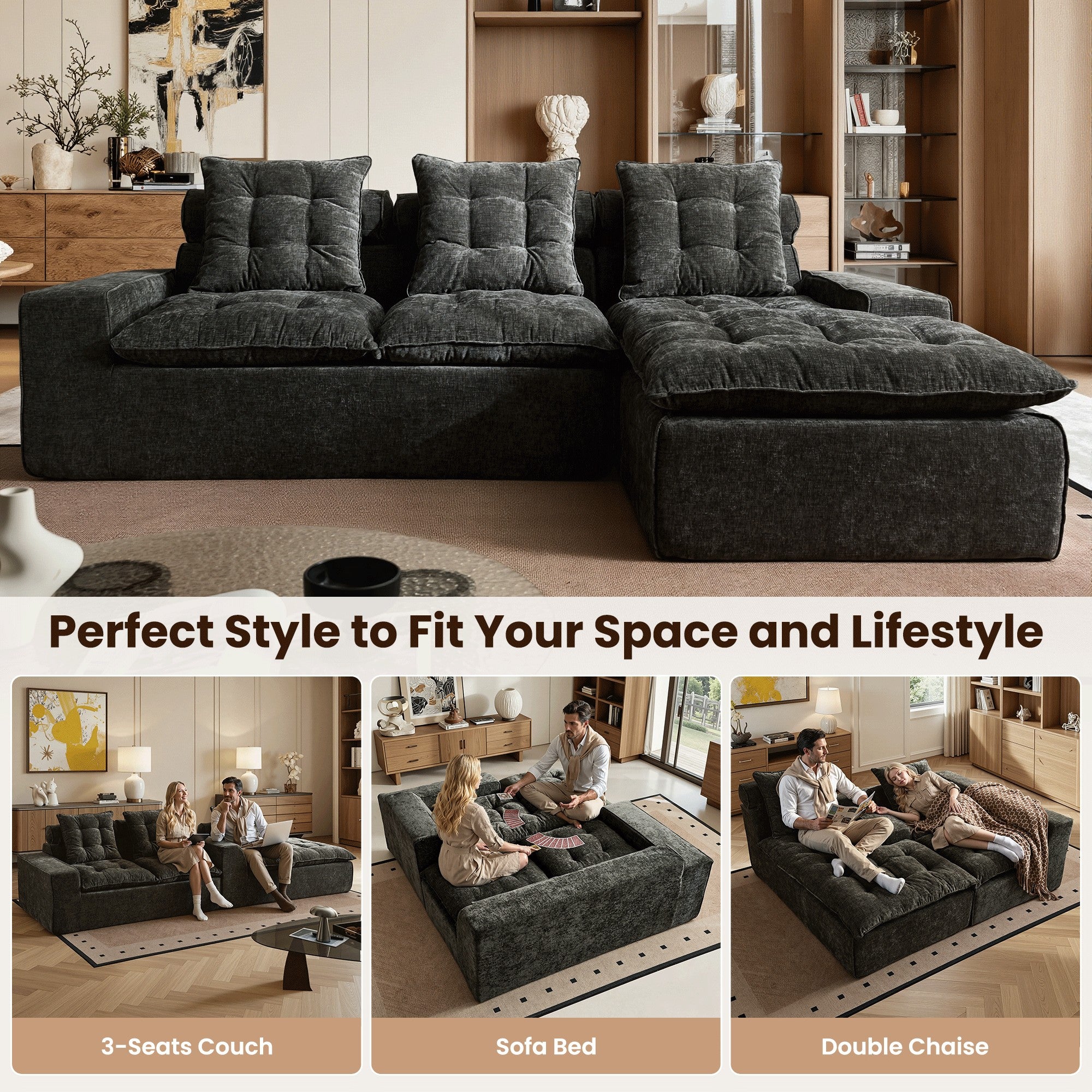 OVIOS Cloud Boneless Sectional Sofa with L Shaped Chaise Modular Chenille Couch for Living Room