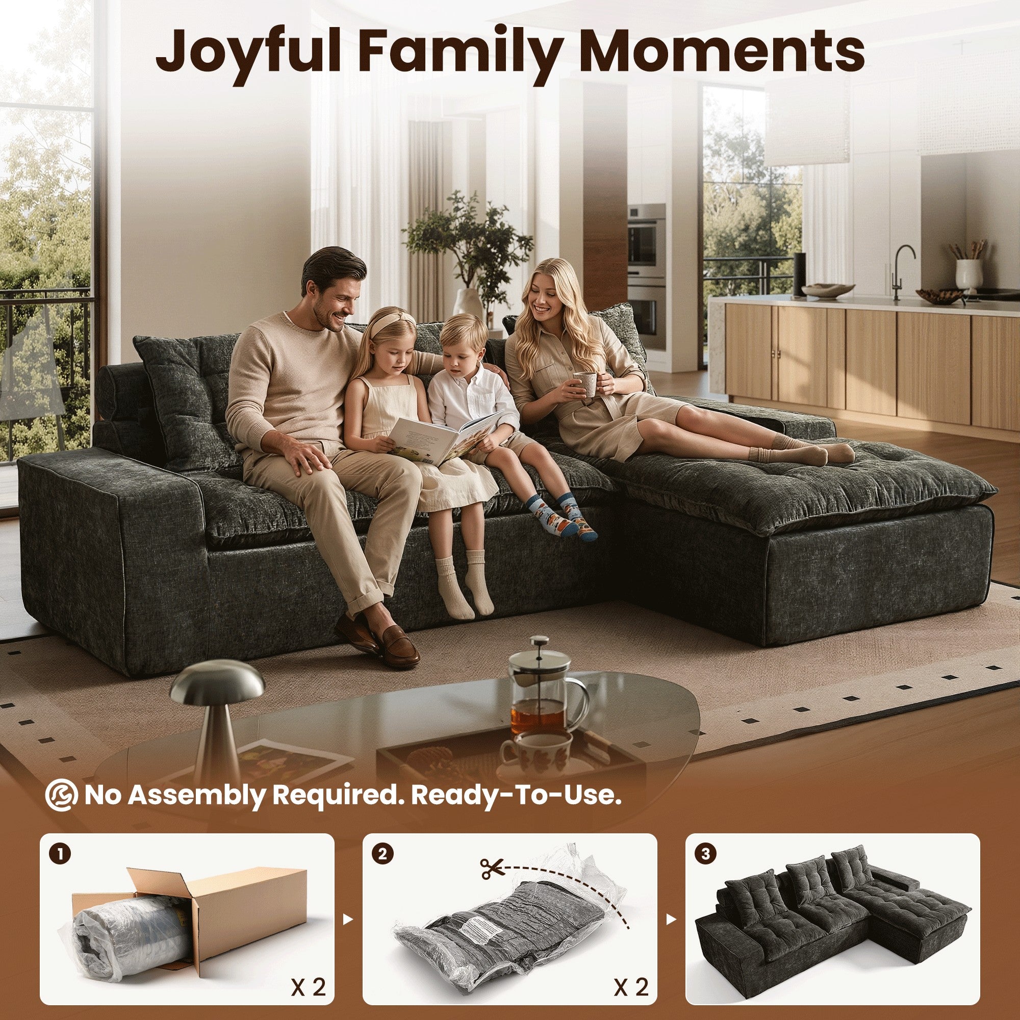 OVIOS Cloud Boneless Sectional Sofa with L Shaped Chaise Modular Chenille Couch for Living Room