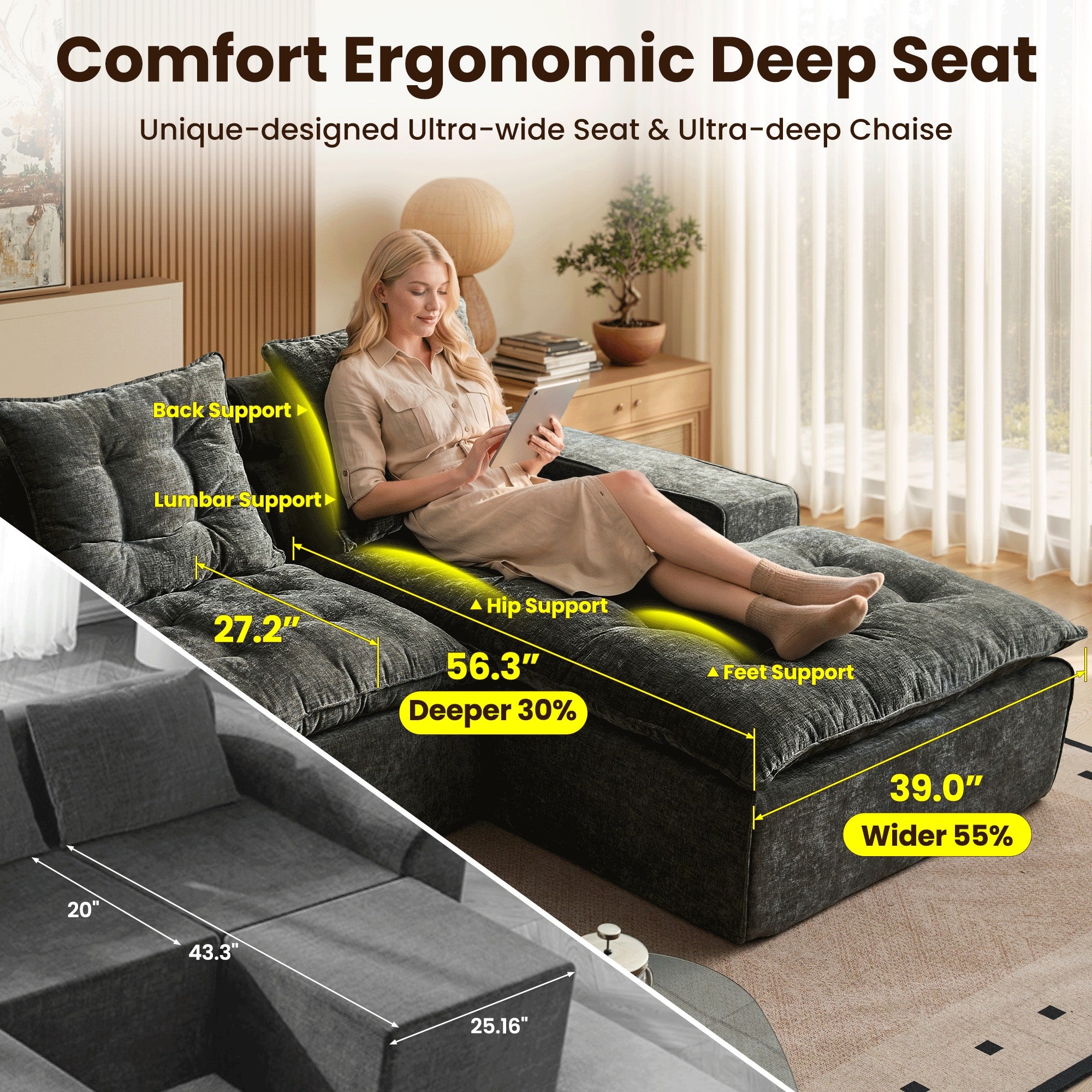 OVIOS Cloud Boneless Sectional Sofa with L Shaped Chaise Modular Chenille Couch for Living Room