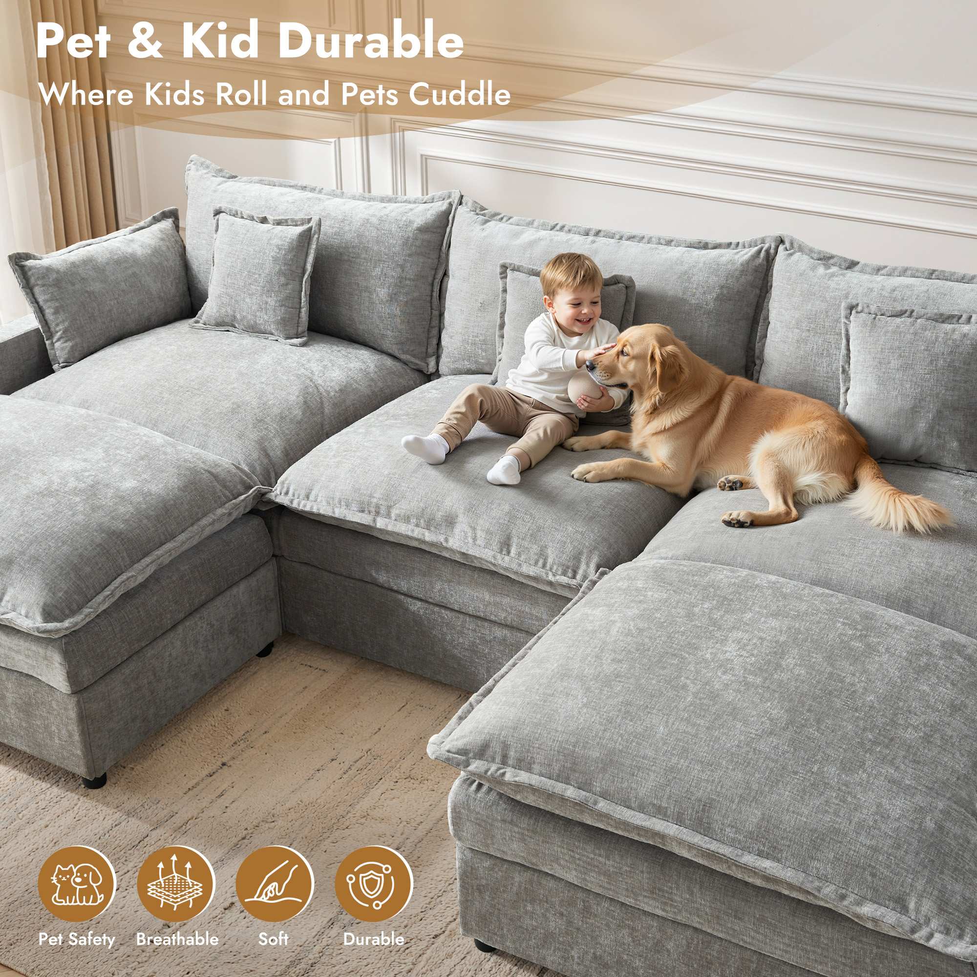 OVIOS Chenille Modular Sectional Sofa with Ottoman, Free Combination