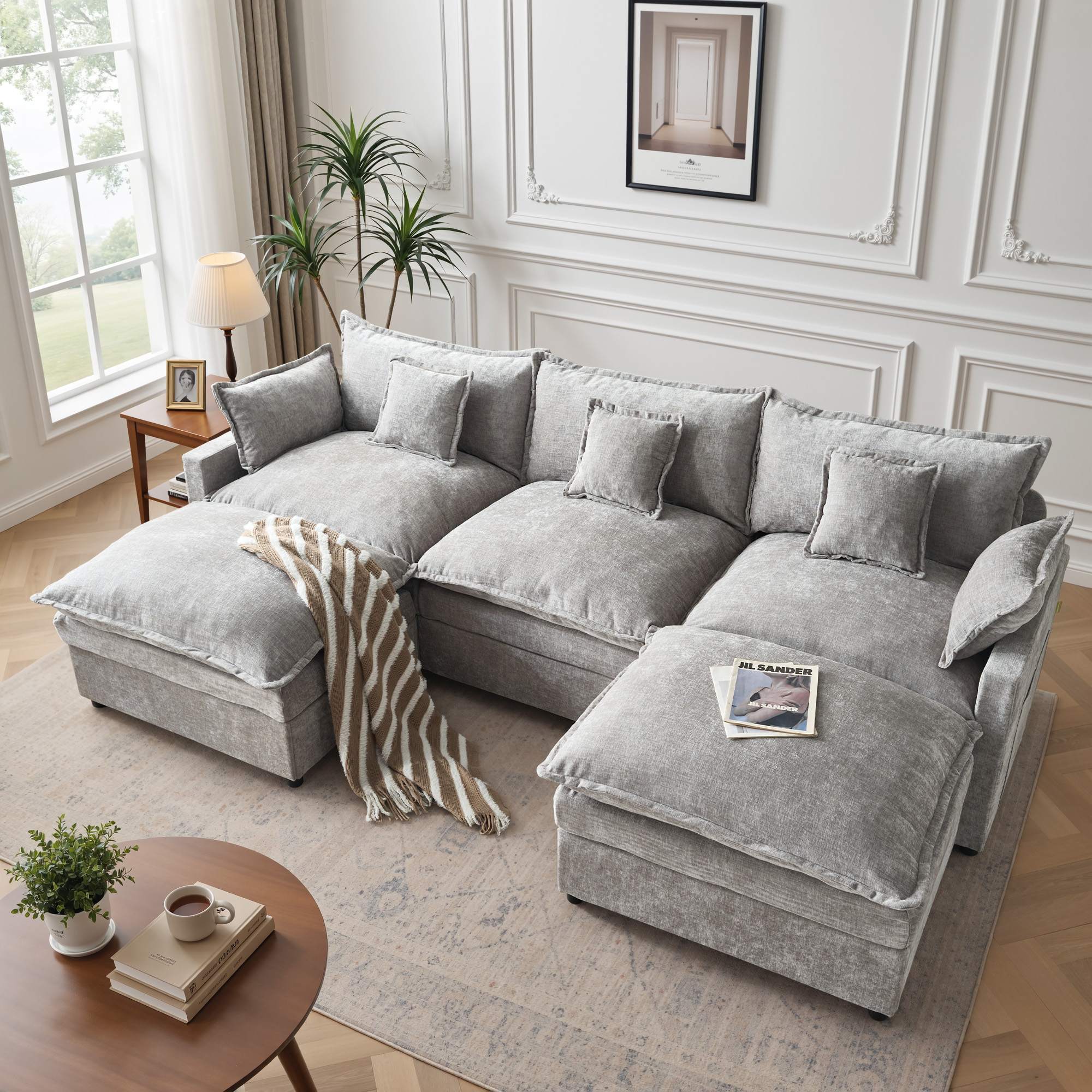 OVIOS Modular Chenille Sectional Sofa with Ottoman, Deep Seat Comfy Couch, Modern Upholstered Living Room Furniture, Free Combination