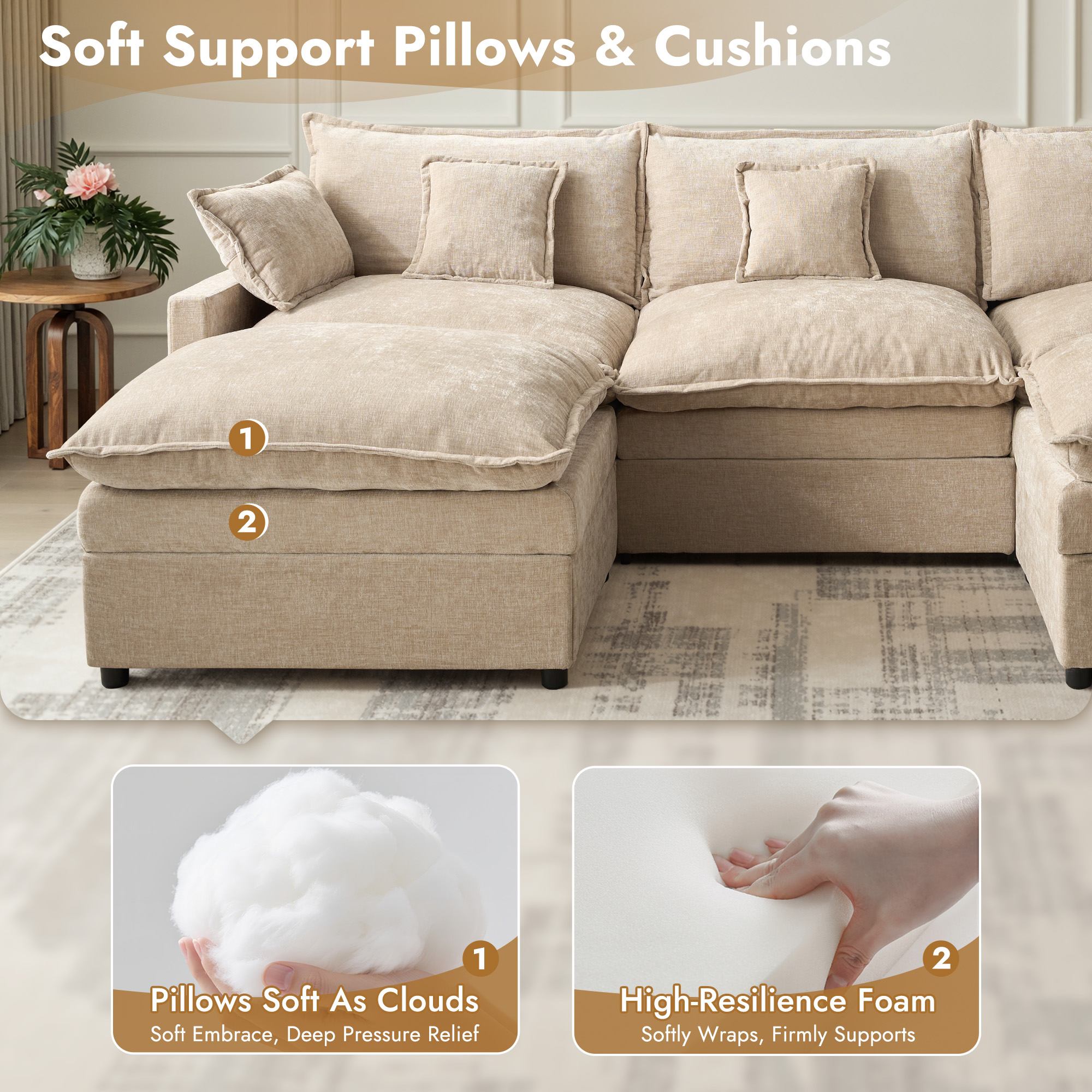 OVIOS modular sectional sofa in beige chenille, showcasing plush comfort with soft pillows and high-resilience foam.