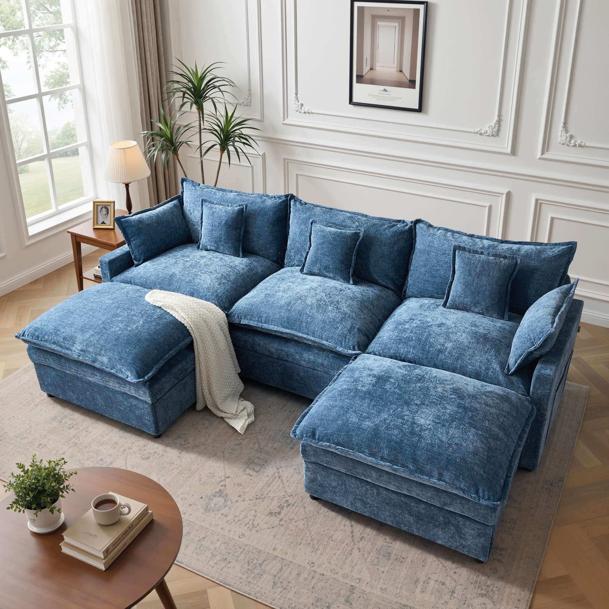 OVIOS Modular Chenille Sectional Sofa with Ottoman, Deep Seat Comfy Couch, Modern Upholstered Living Room Furniture, Free Combination