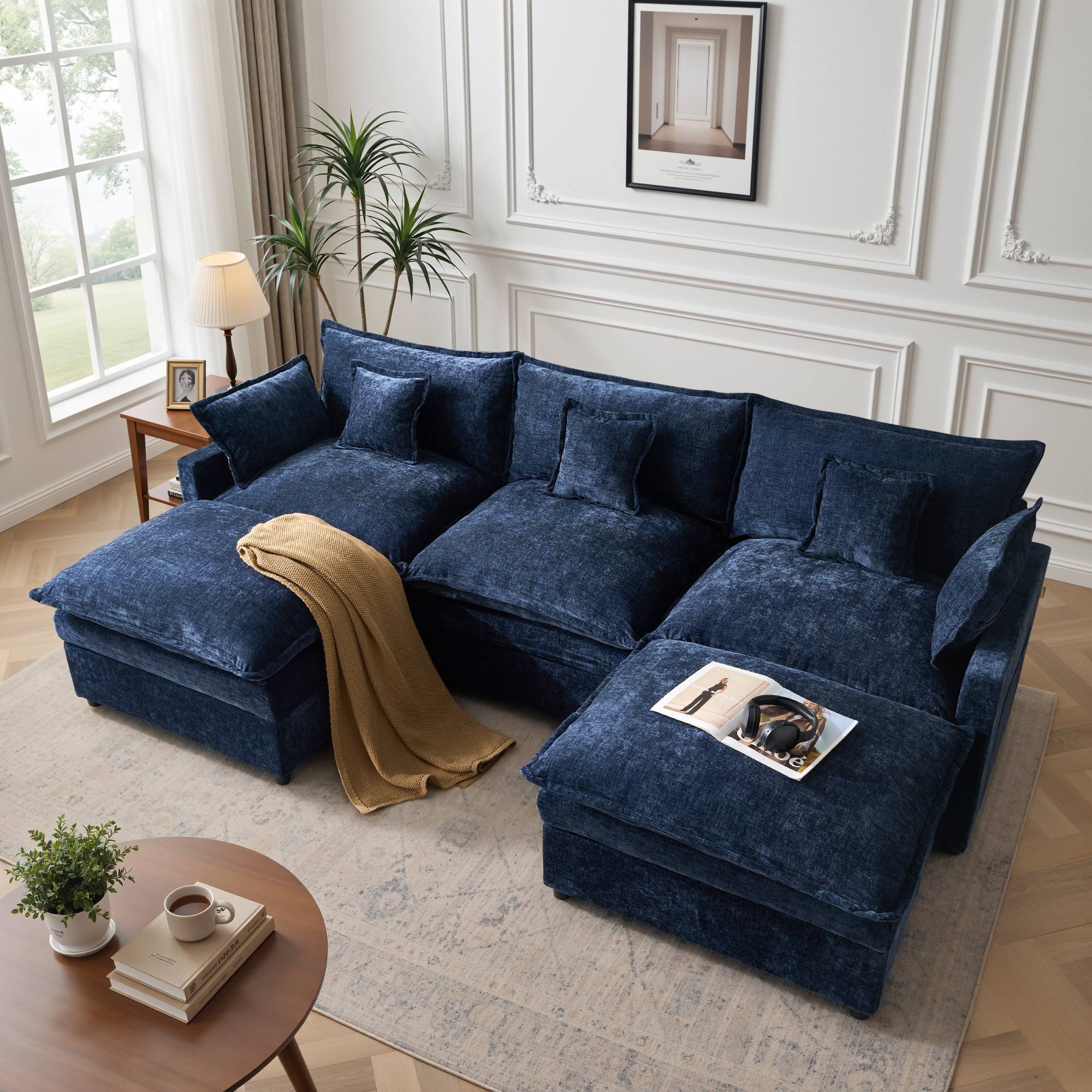 OVIOS Modular Chenille Sectional Sofa with Ottoman, Deep Seat Comfy Couch, Modern Upholstered Living Room Furniture, Free Combination