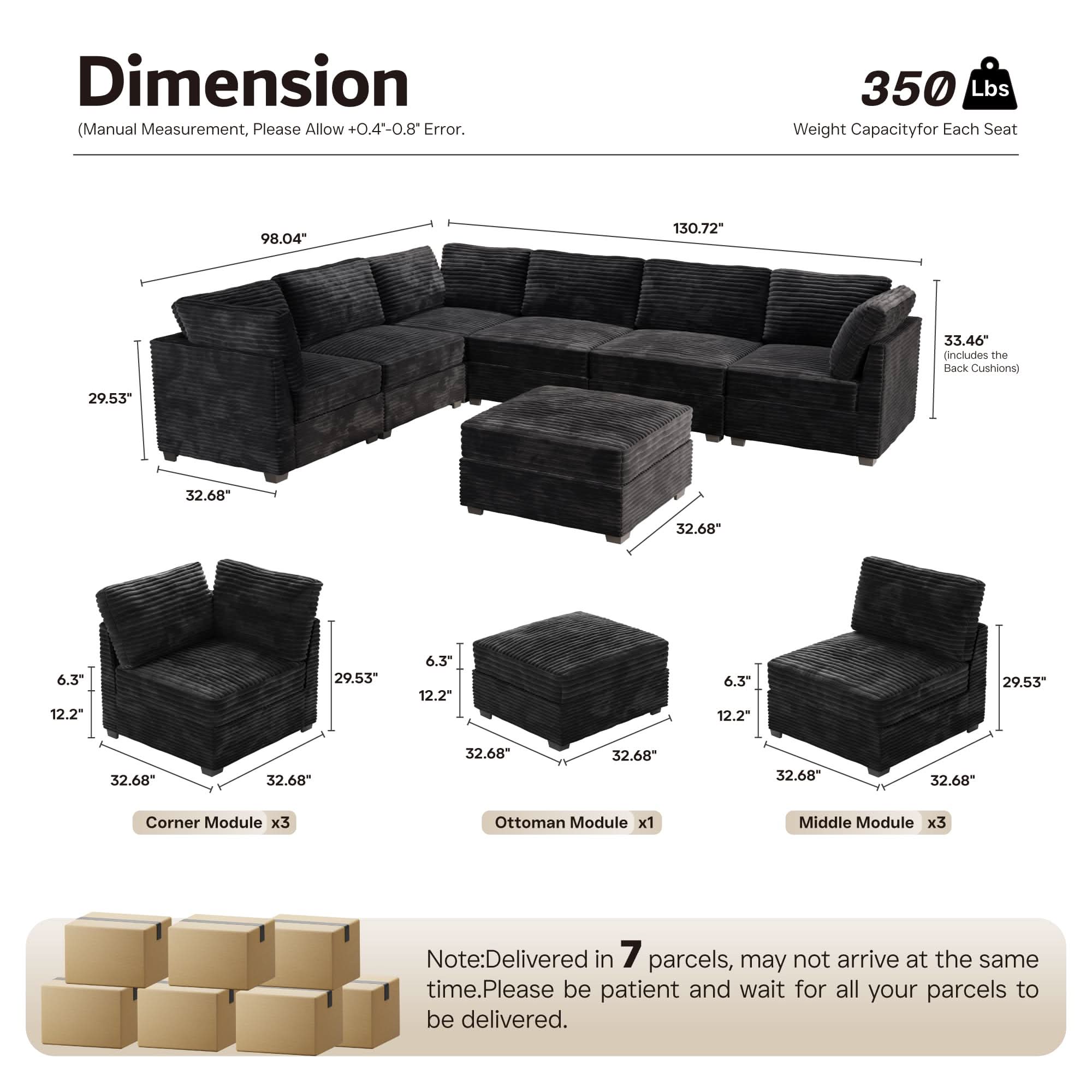 Ovios L-shaped 130.7" Modular Sectional Sofa Couch,  Modern Deep Seat Cloud Plush Corduroy Sofas Set for Living Room