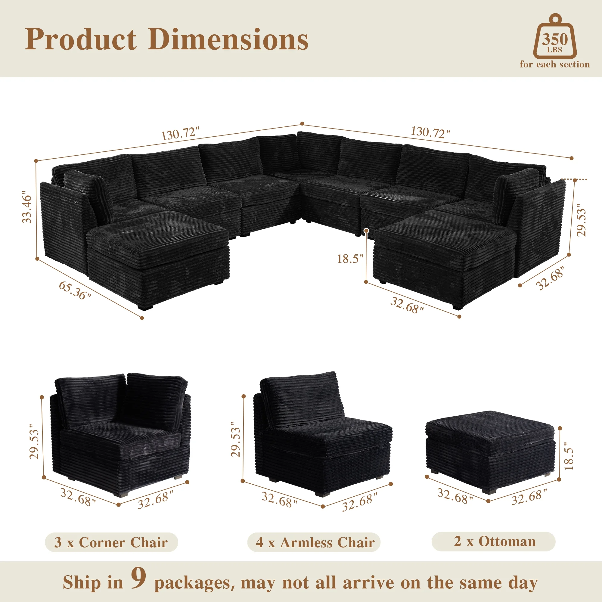 OVIOS Modular Sectional Sofa Couch with Oversized Chaise