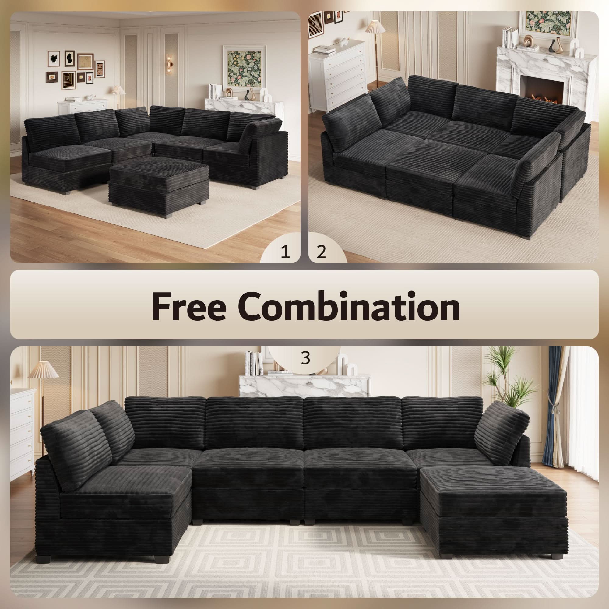 Ovios 130.7" Modular Sectional Sofa Couch, U-Shaped Minimalist Couches with Sofa Bed Chaise