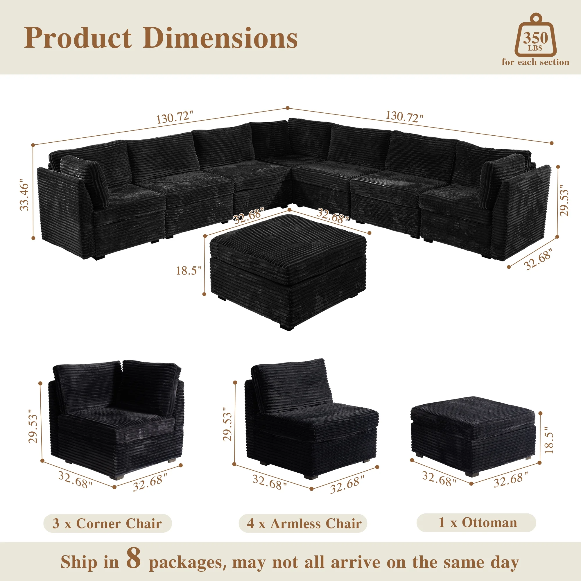 OVIOS Modular Sectional Sofa Couch with Oversized Chaise