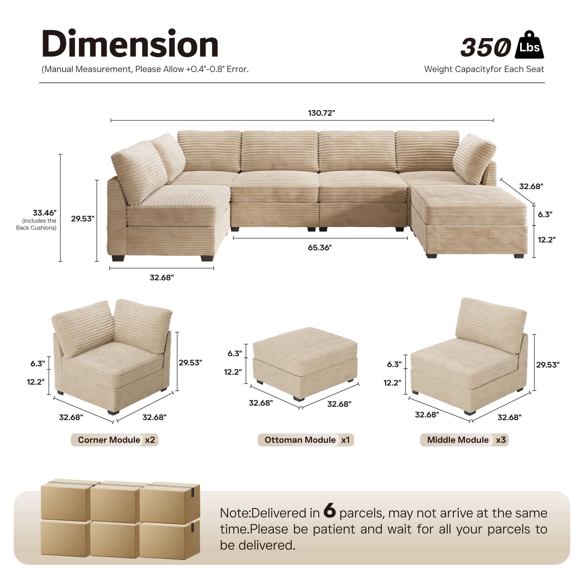 Ovios 130.7" Modular Sectional Sofa Couch, U-Shaped Minimalist Couches with Sofa Bed Chaise