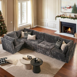Ovios dark grey corduroy L-shaped sectional sofa, convertible chaise