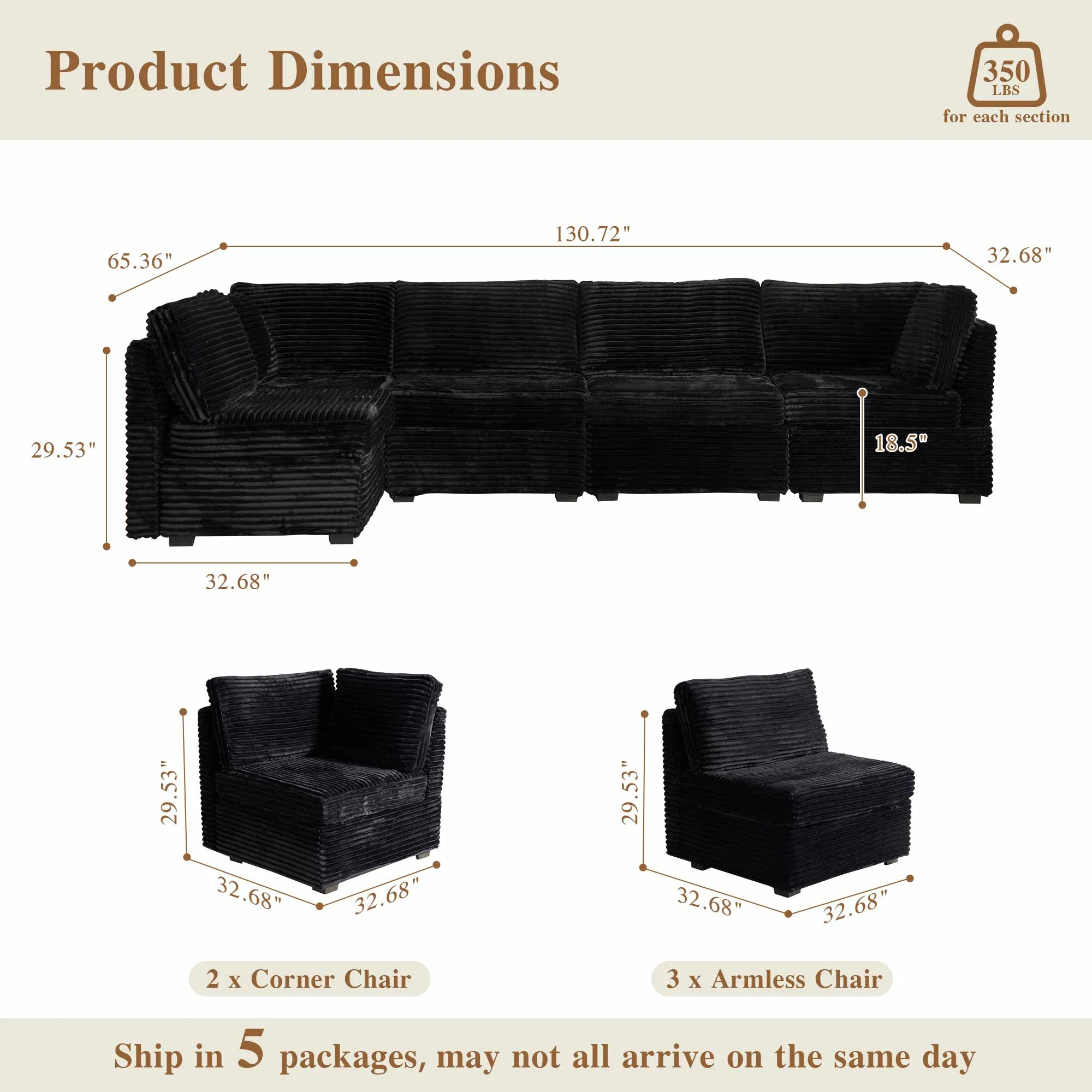 OVIOS Modular Sectional Sofa Couch with Oversized Chaise