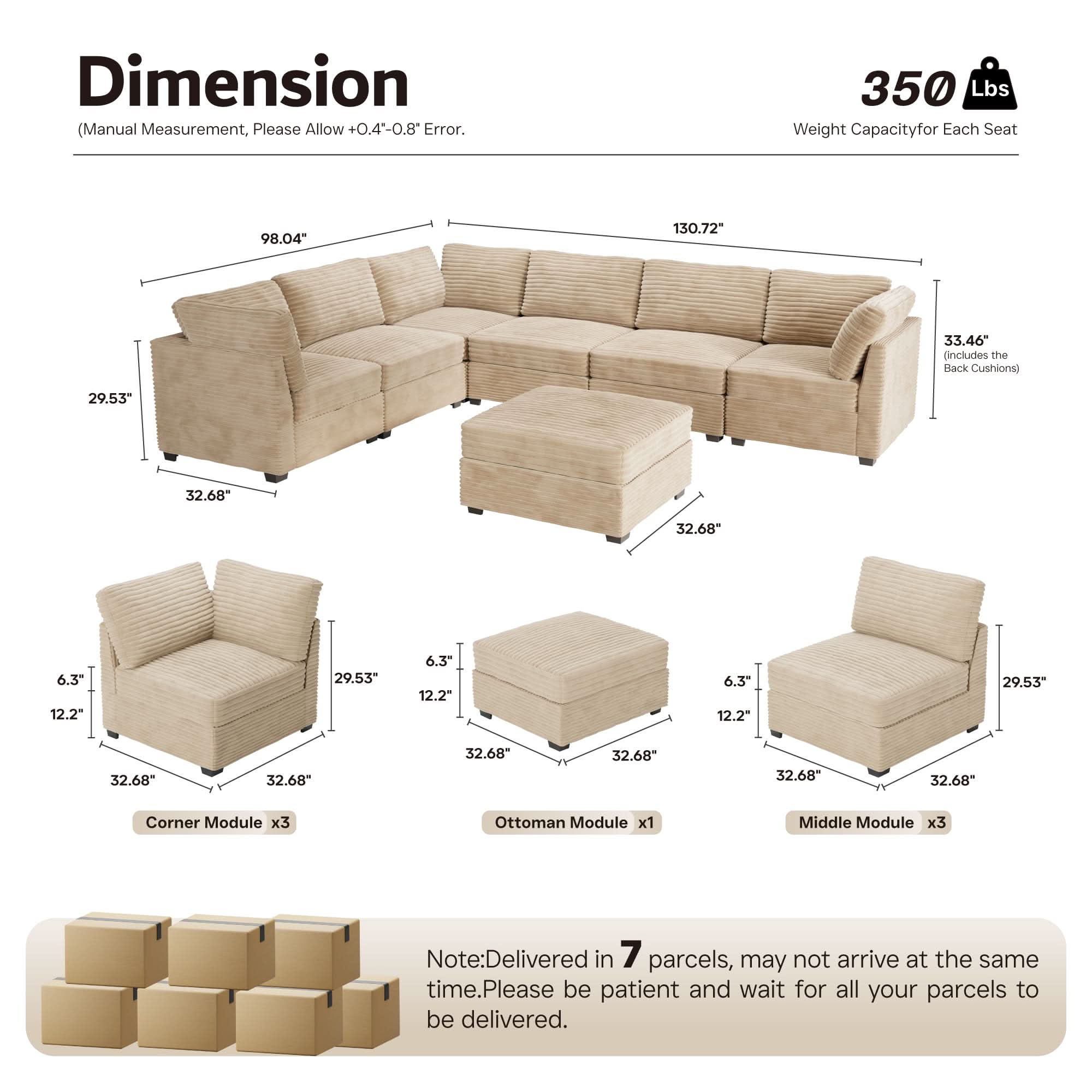 Ovios L-shaped 130.7" Modular Sectional Sofa Couch,  Modern Deep Seat Cloud Plush Corduroy Sofas Set for Living Room