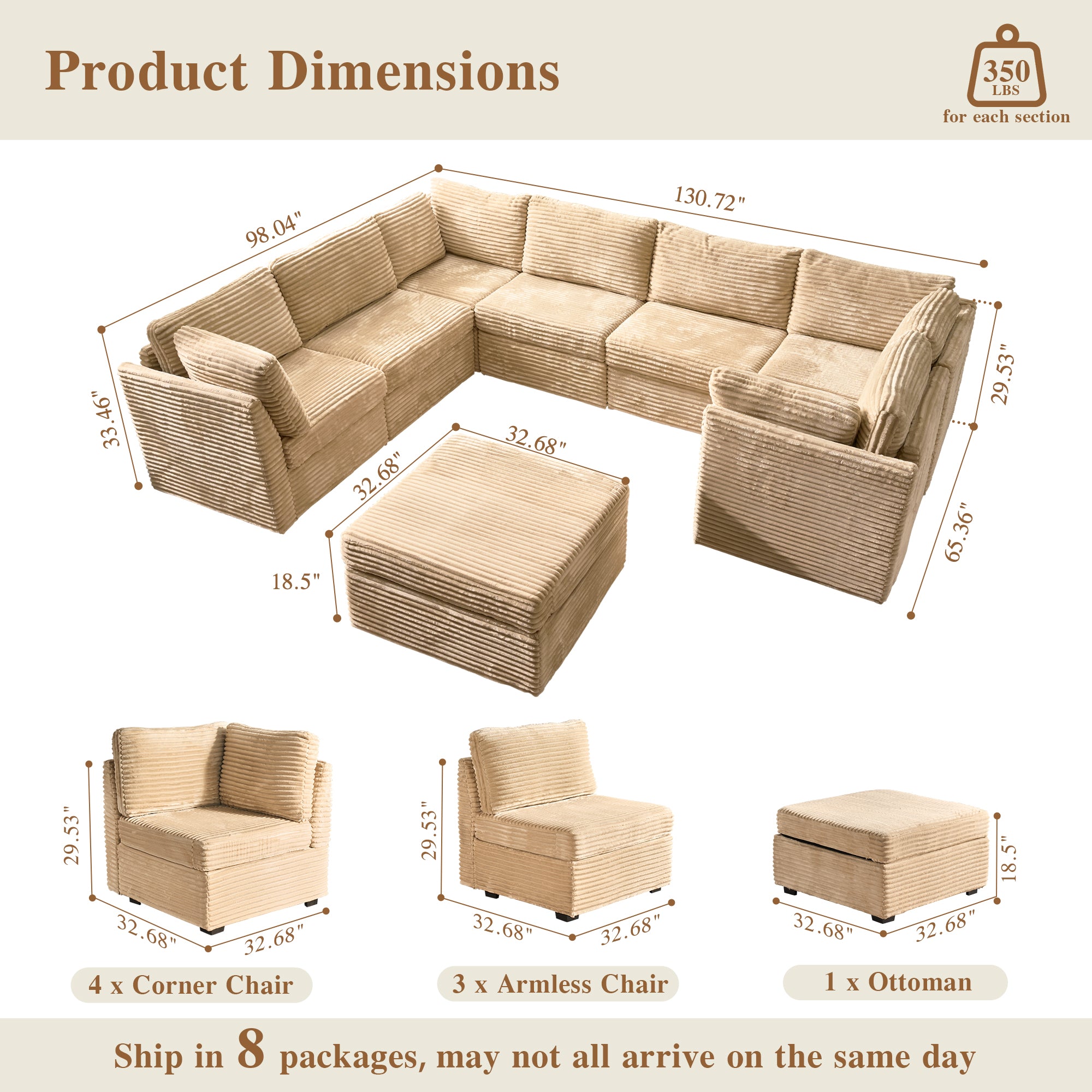 OVIOS Modular Sectional Sofa Couch with Oversized Chaise