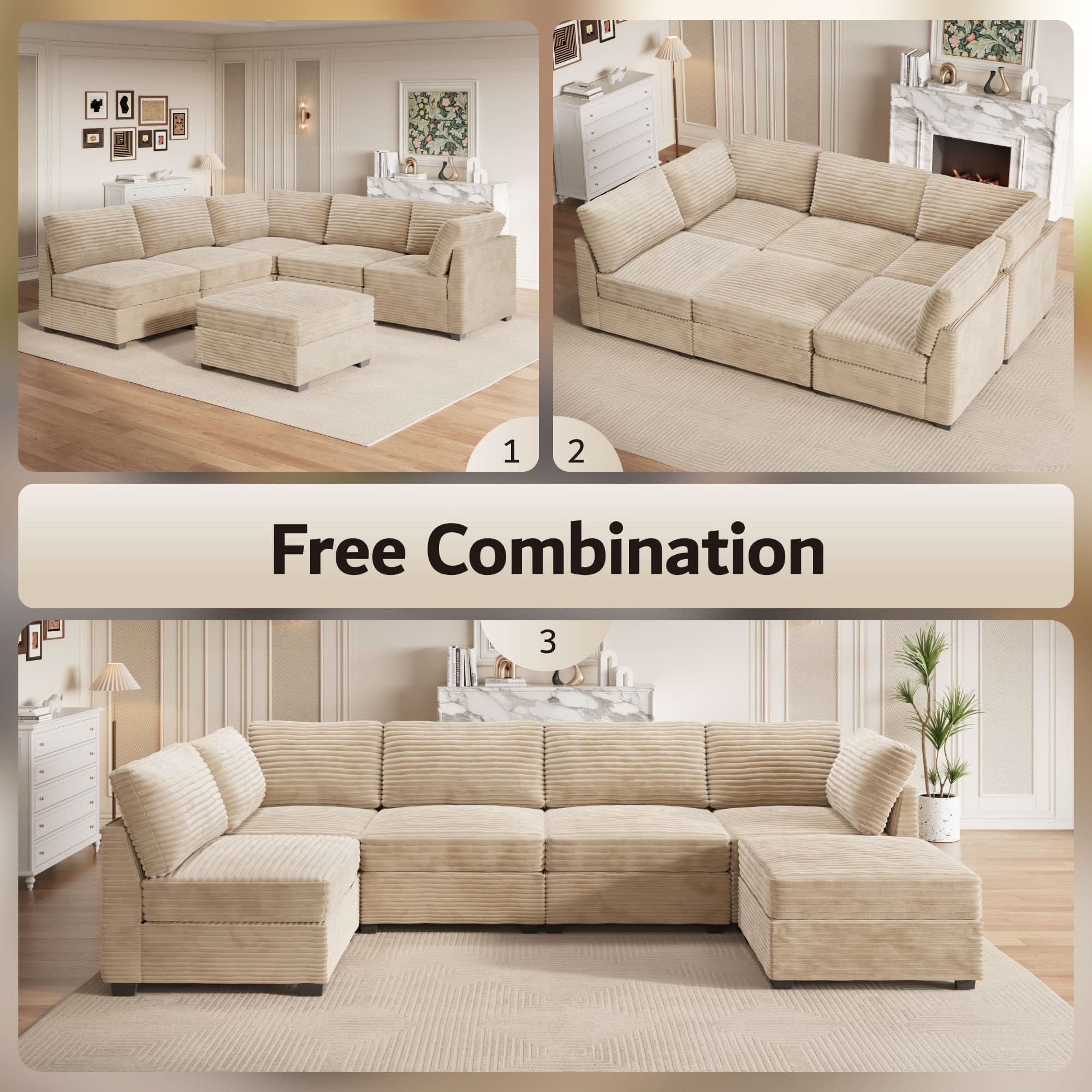 Ovios 130.7" Modular Sectional Sofa Couch, U-Shaped Minimalist Couches with Sofa Bed Chaise