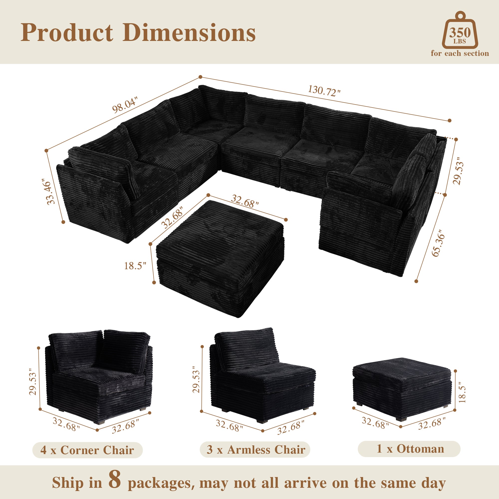 OVIOS Modular Sectional Sofa Couch with Oversized Chaise