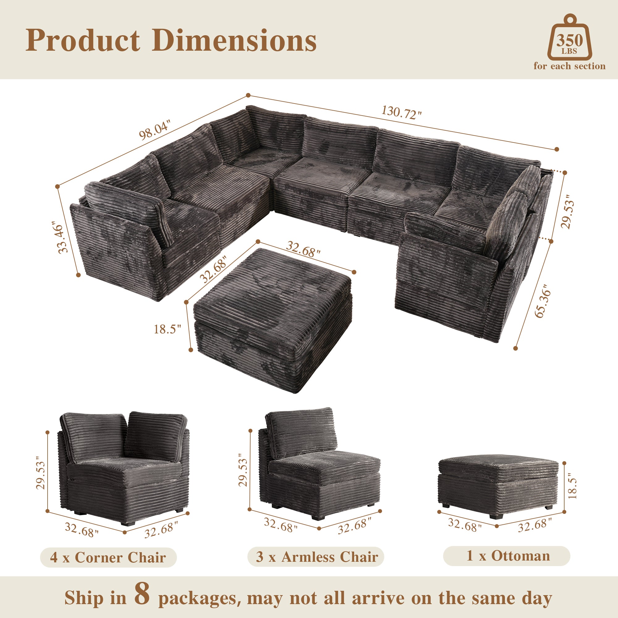 OVIOS Modular Sectional Sofa Couch with Oversized Chaise