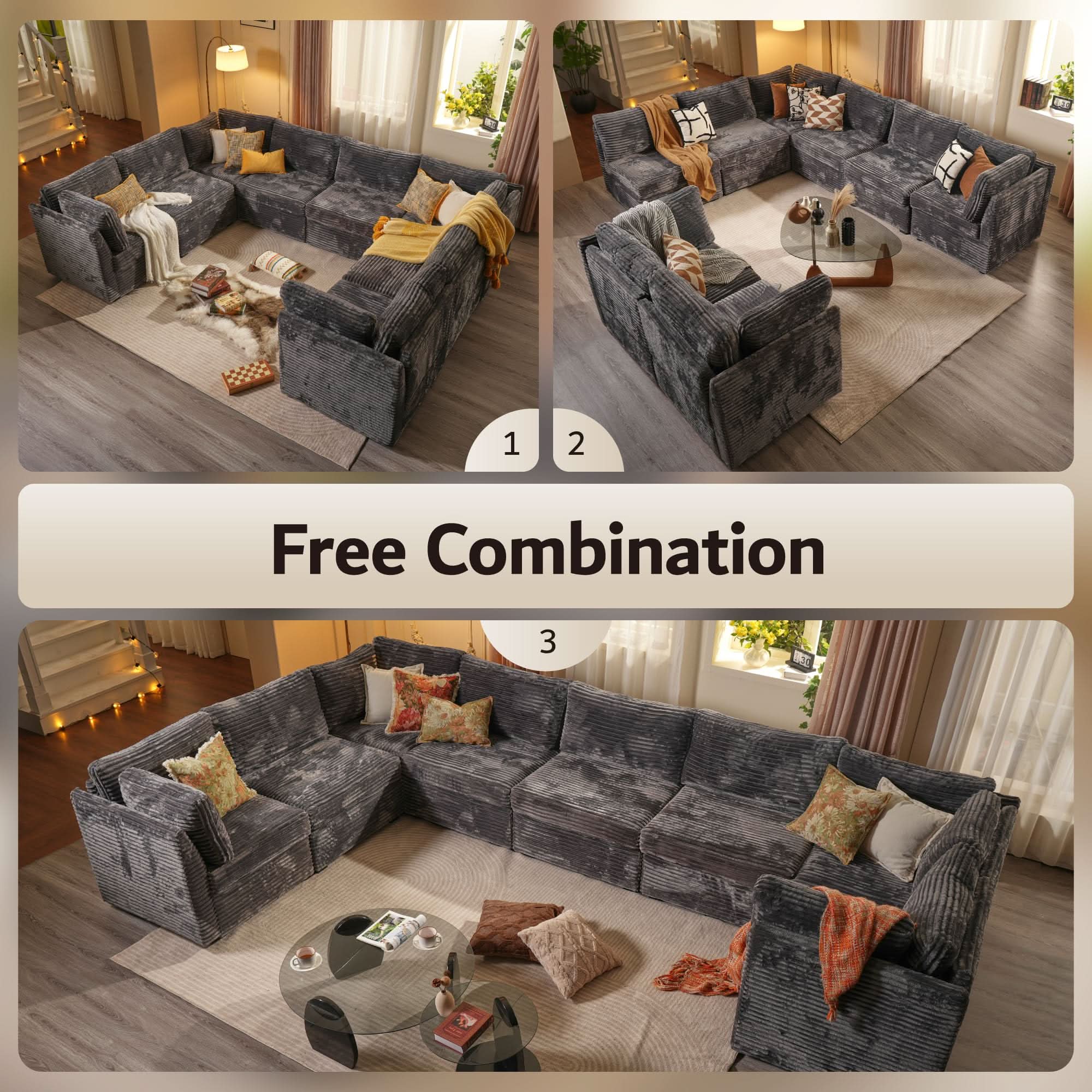 Ovios 130.7" Modular Sectional Sofa Couch, U-Shaped Minimalist Couches with 2 Oversized Chaise