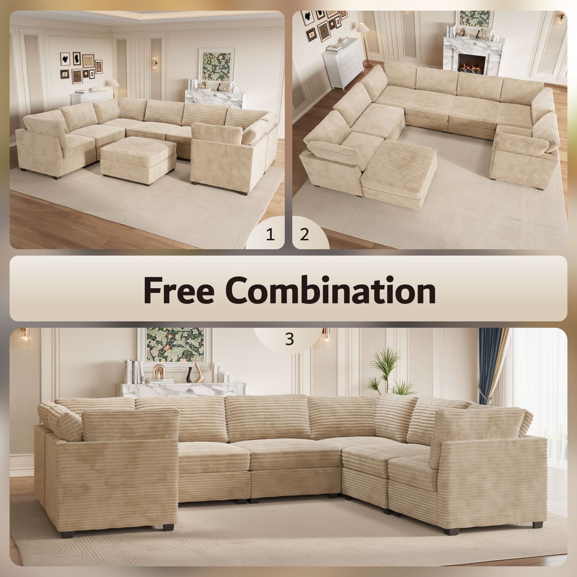 Ovios 130.7" Modular Sectional Sofa Couch, U-Shaped Minimalist Couches with Sofa Bed Chaise