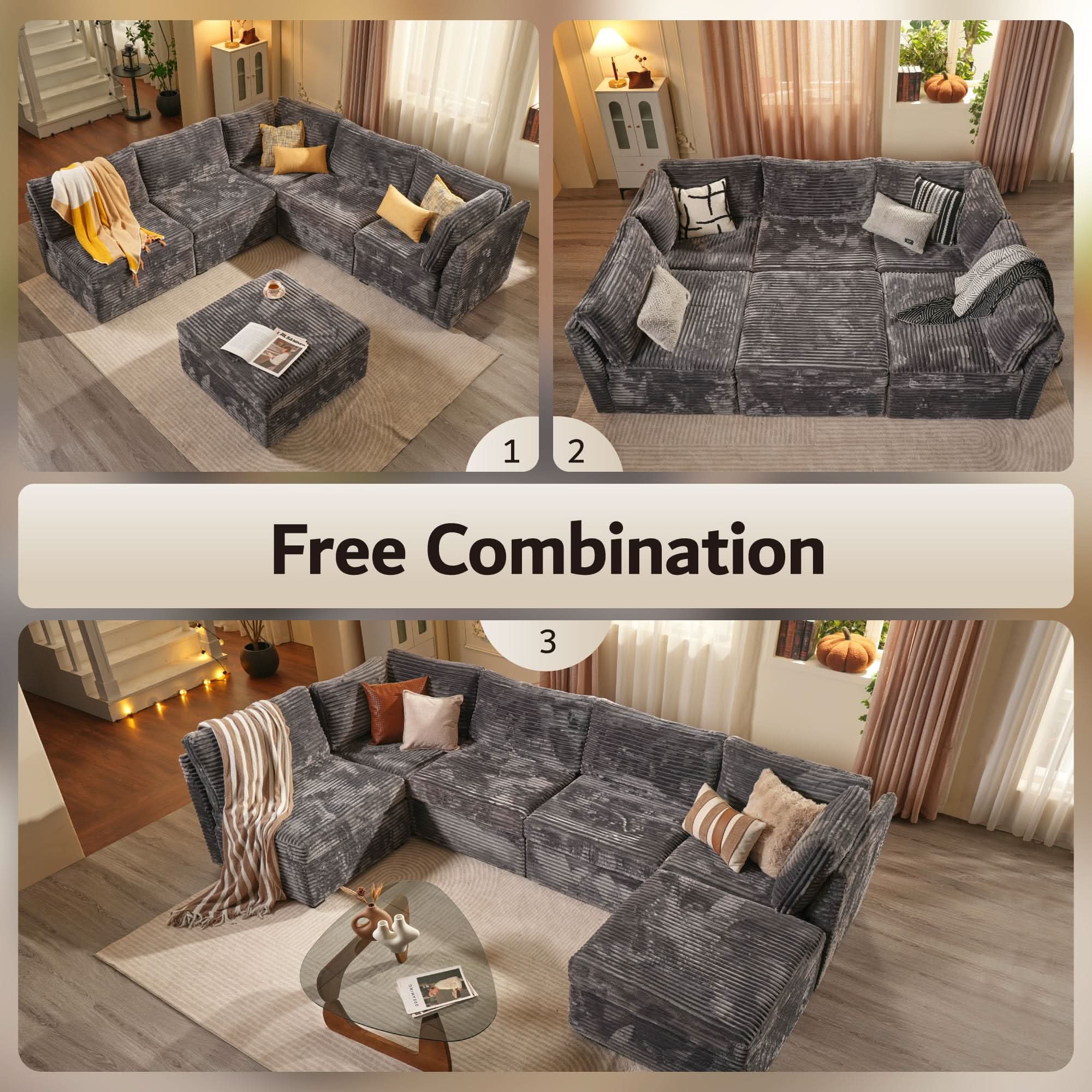 Ovios 130.7" Modular Sectional Sofa Couch, U-Shaped Minimalist Couches with Sofa Bed Chaise