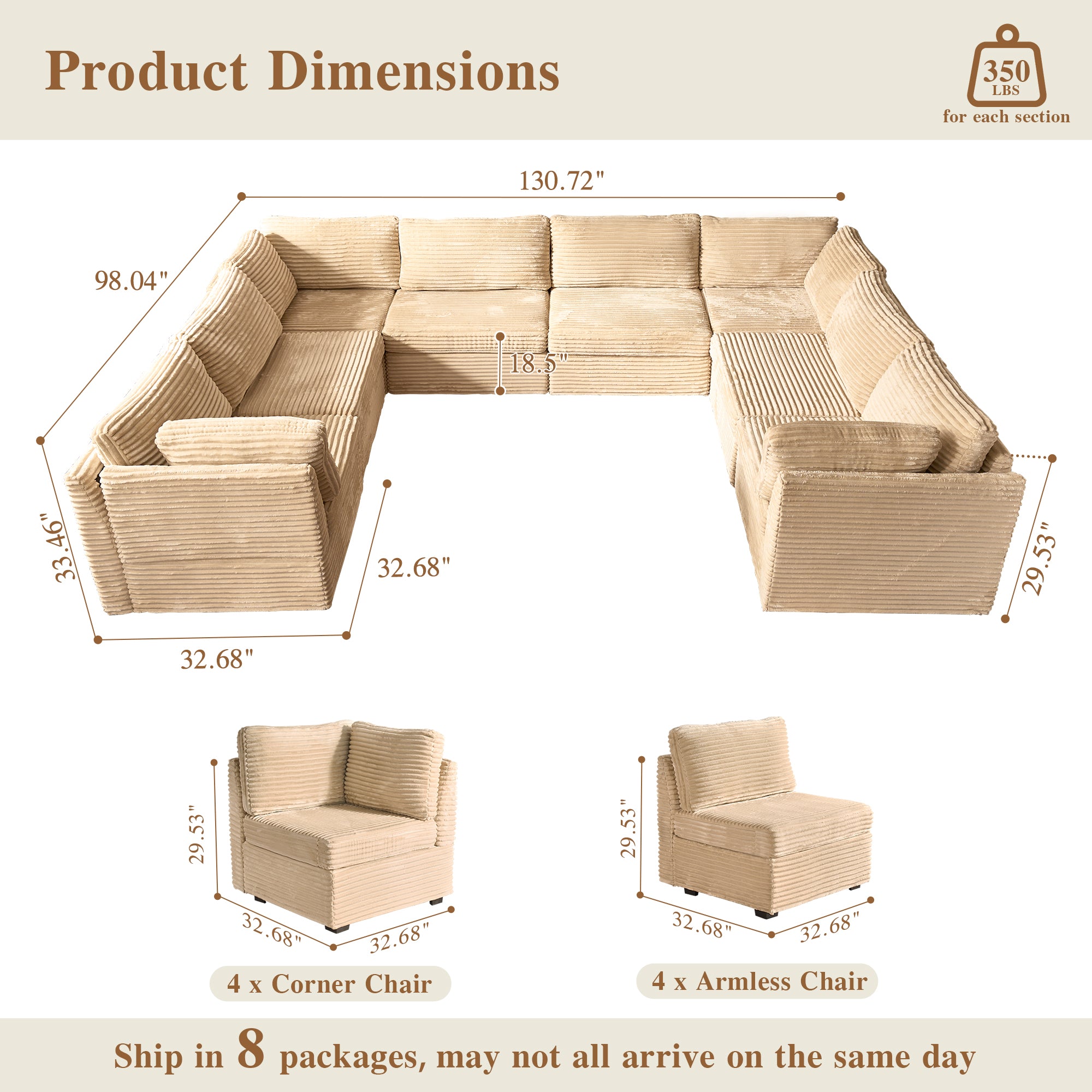 OVIOS Modular Sectional Sofa Couch with Oversized Chaise