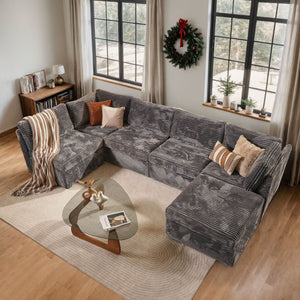 OVIOS minimalist dark grey corduroy U-shaped modular sofa with chaise